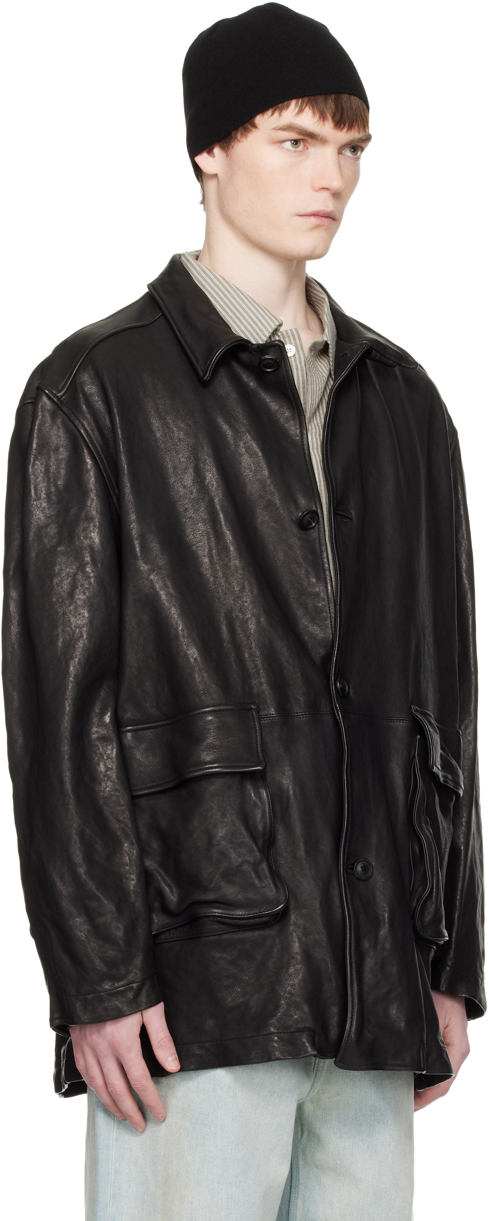 COOR: Black Washed Lambskin Leather Car Coat | SSENSE