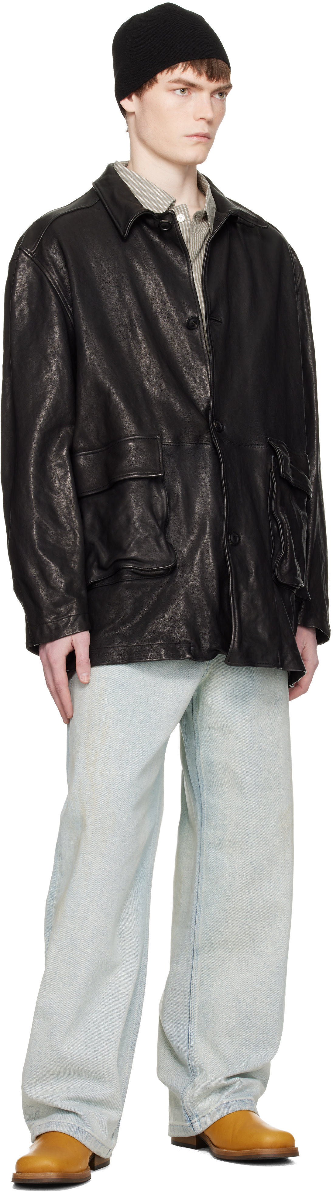 COOR: Black Washed Lambskin Leather Car Coat | SSENSE