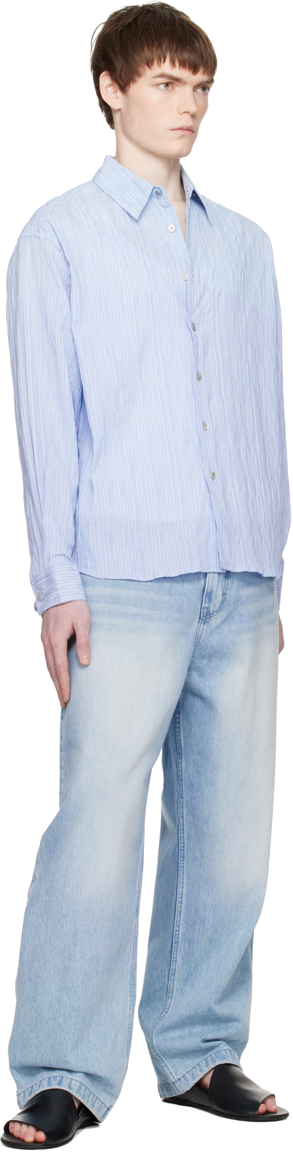 COOR: Blue Semi-Overfit Wrinkle Stripe Shirt | SSENSE