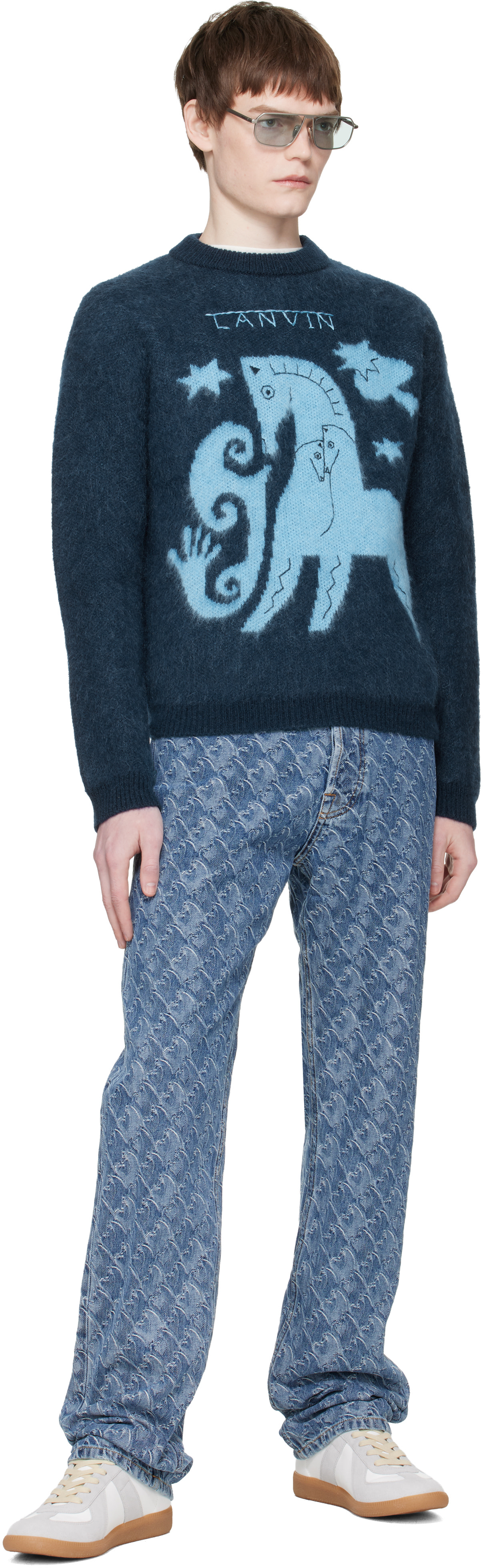 Lanvin: Navy Lunar Year Jacquard Mohair Sweater | SSENSE