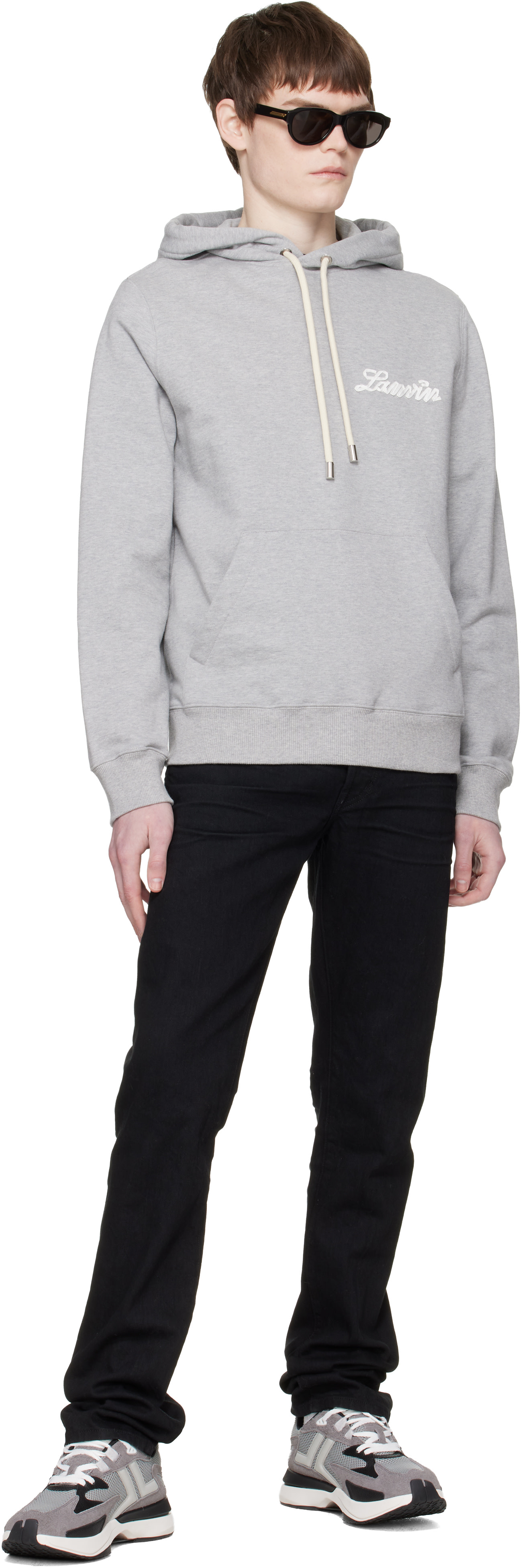 Lanvin - Pull à capuche gris à appliqué à logo