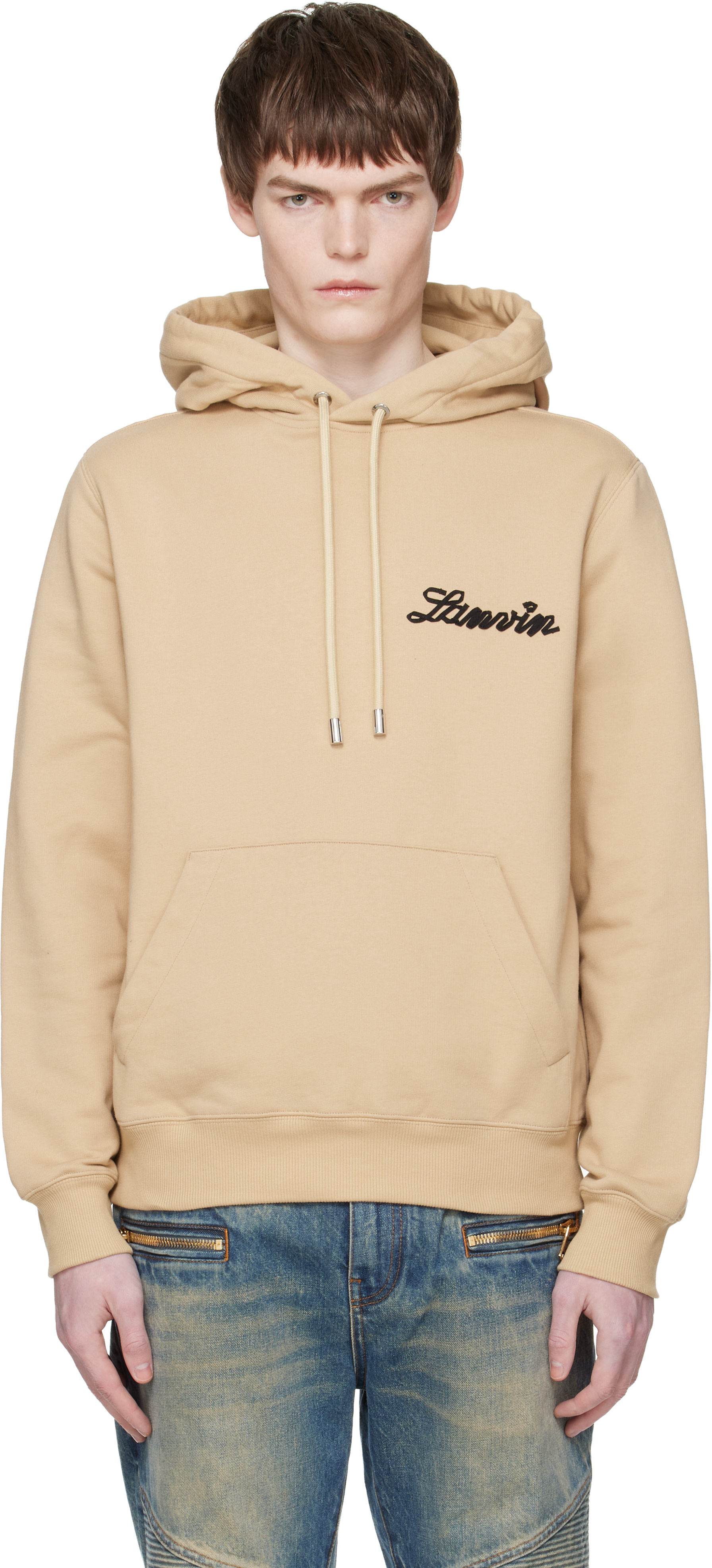 Lanvin - Pull à capuche brun clair à appliqué à logo