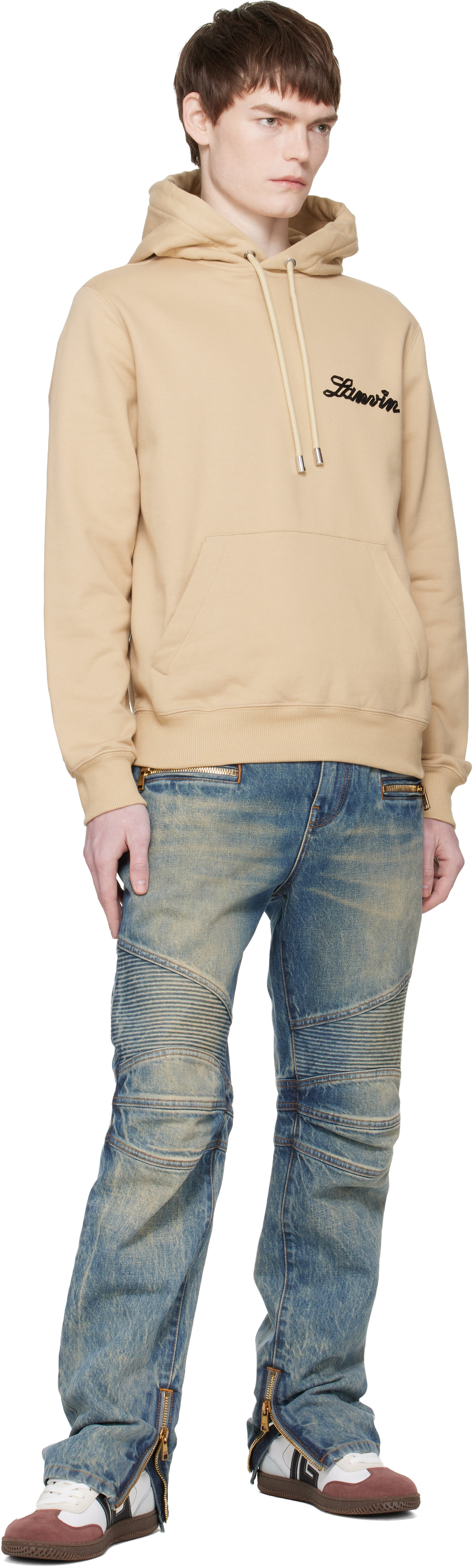 Lanvin - Pull à capuche brun clair à appliqué à logo