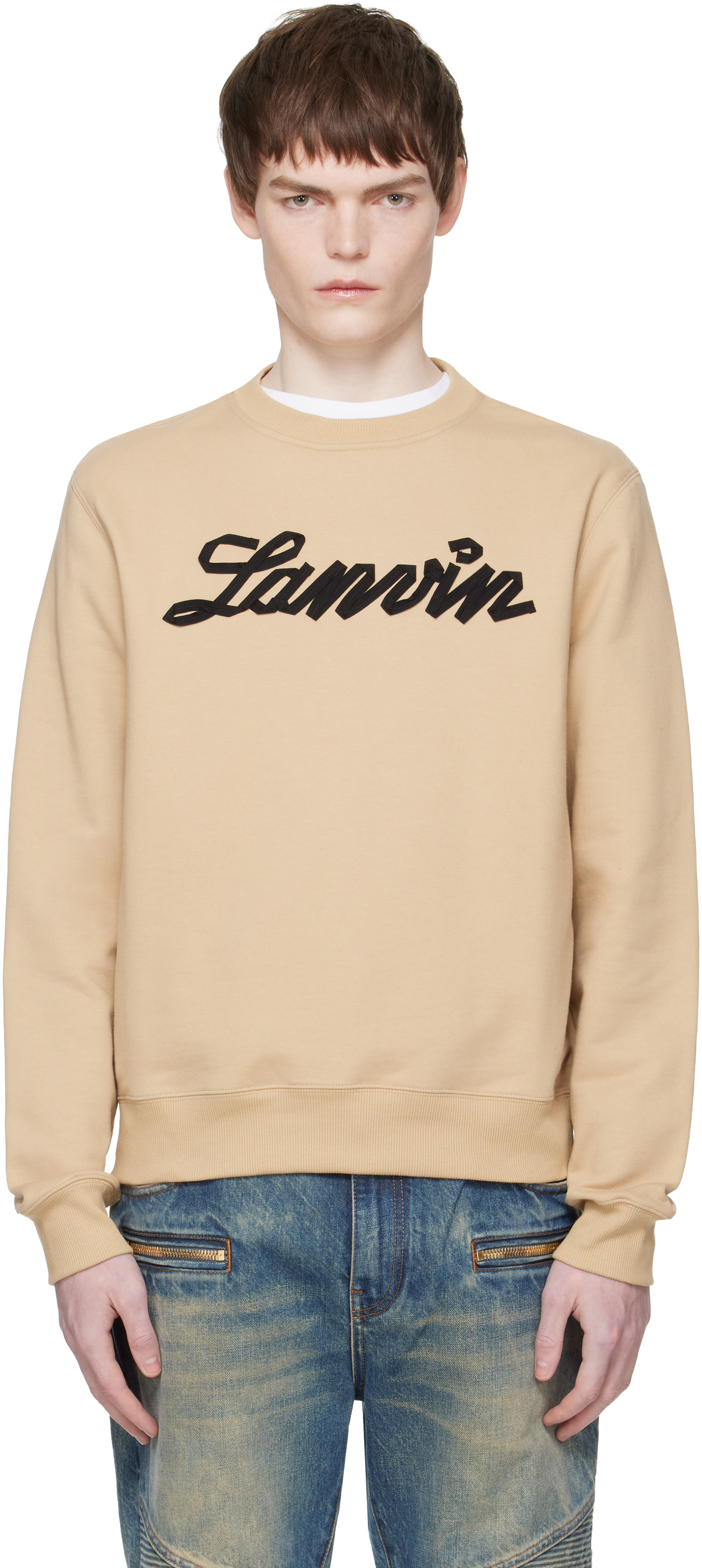 Lanvin - Pull molletonné brun clair à appliqué à logo