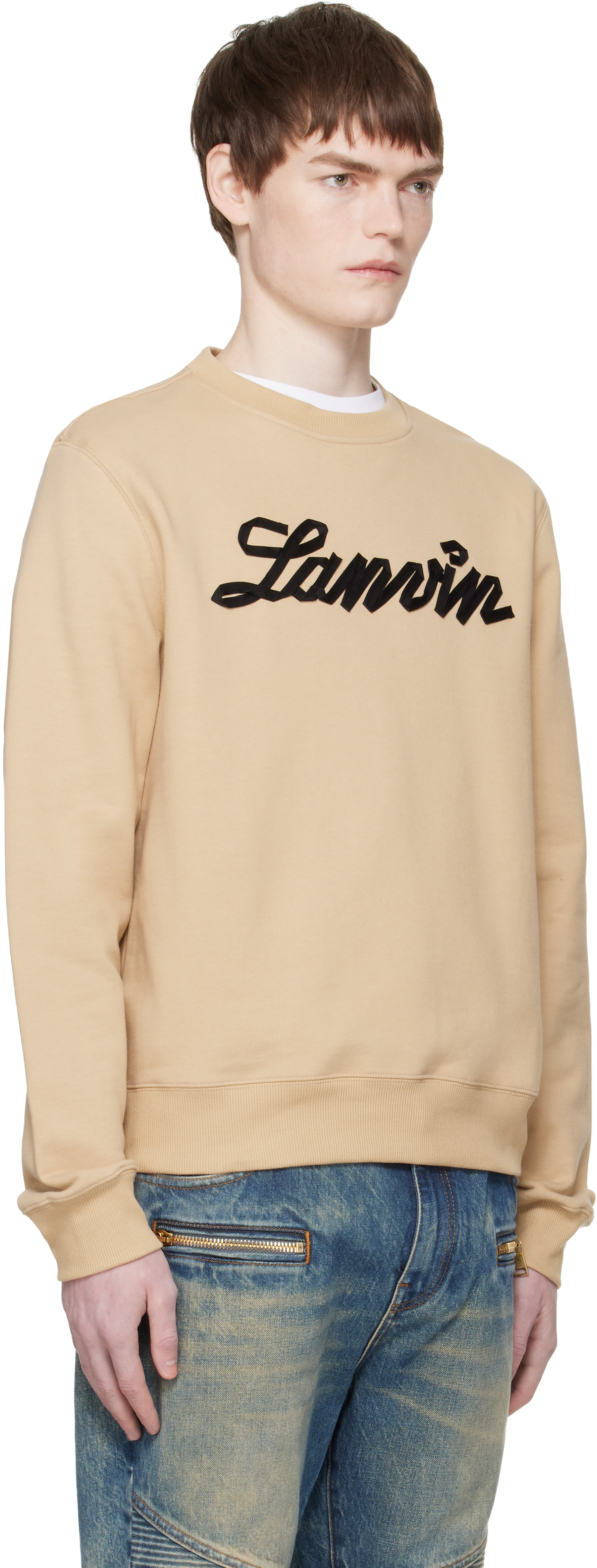 Lanvin - Pull molletonné brun clair à appliqué à logo