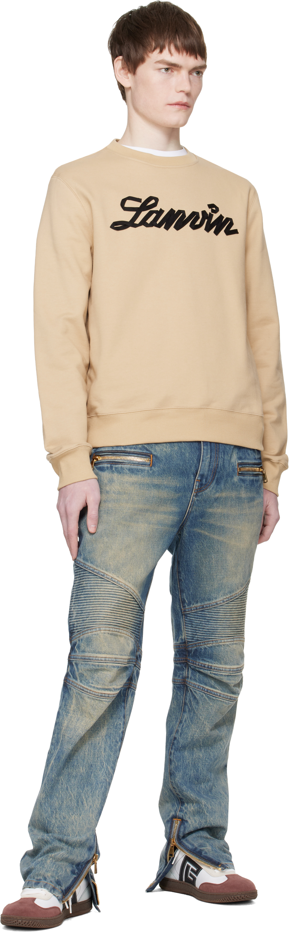 Lanvin - Pull molletonné brun clair à appliqué à logo
