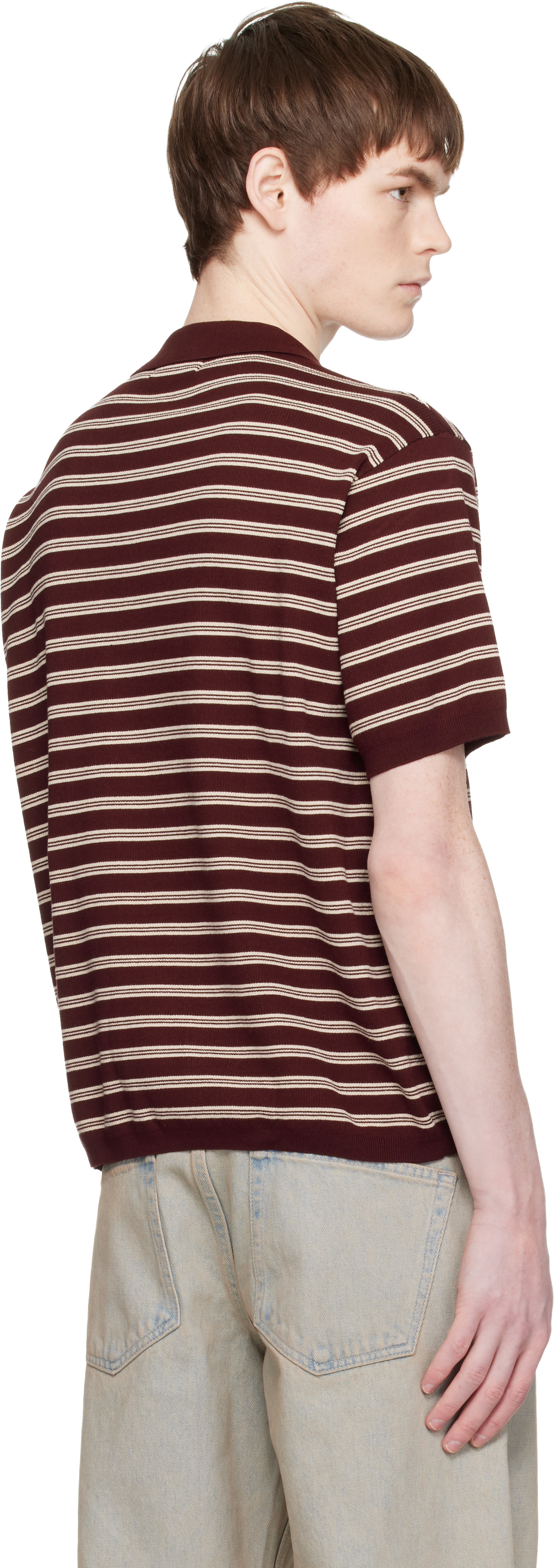 COOR - レッド Open-Collar ボーダー ニットポロシャツ