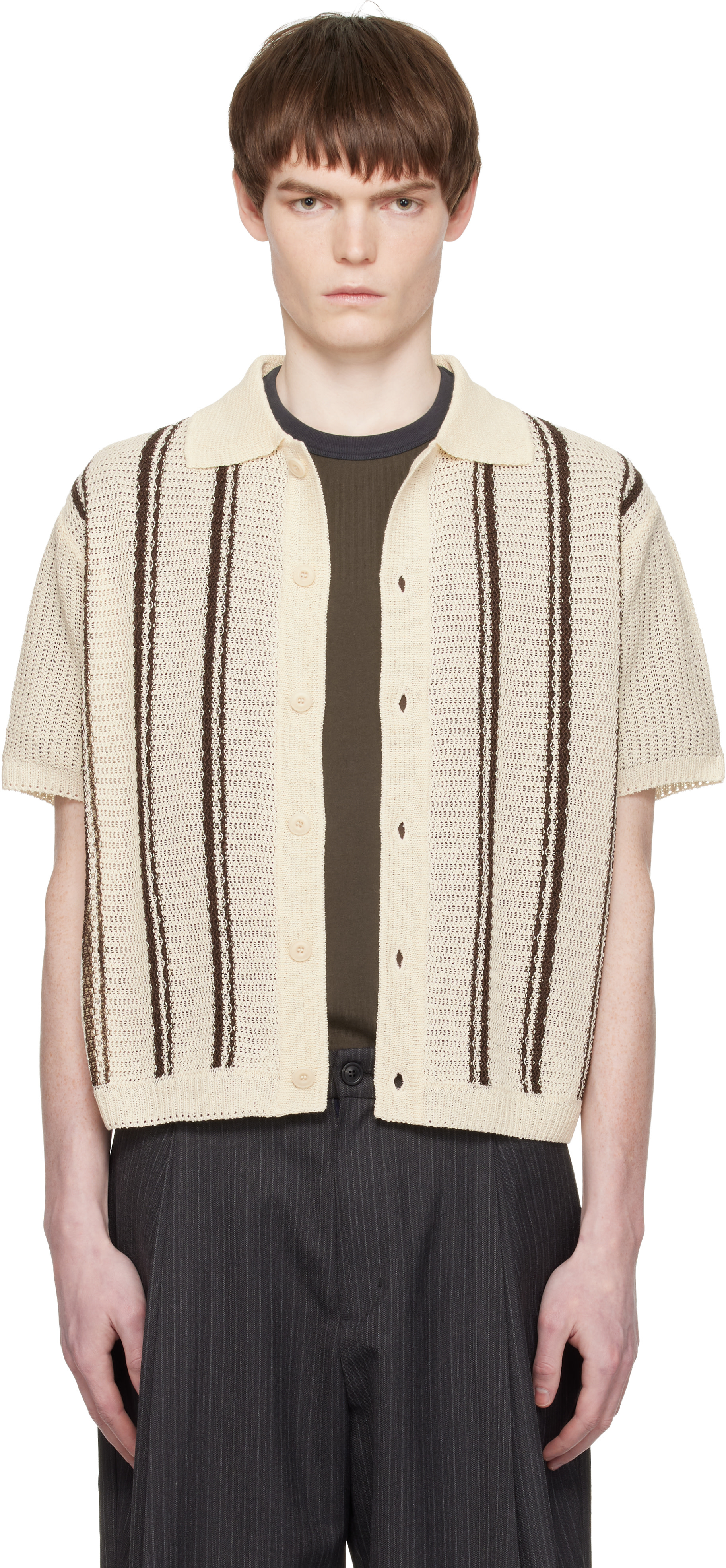 【COOR】DOUBLE PIN STRIPED HARF CARDIGAN S COOR: Off-White Double Pin Striped Half Cardigan Shirt | SSENSE