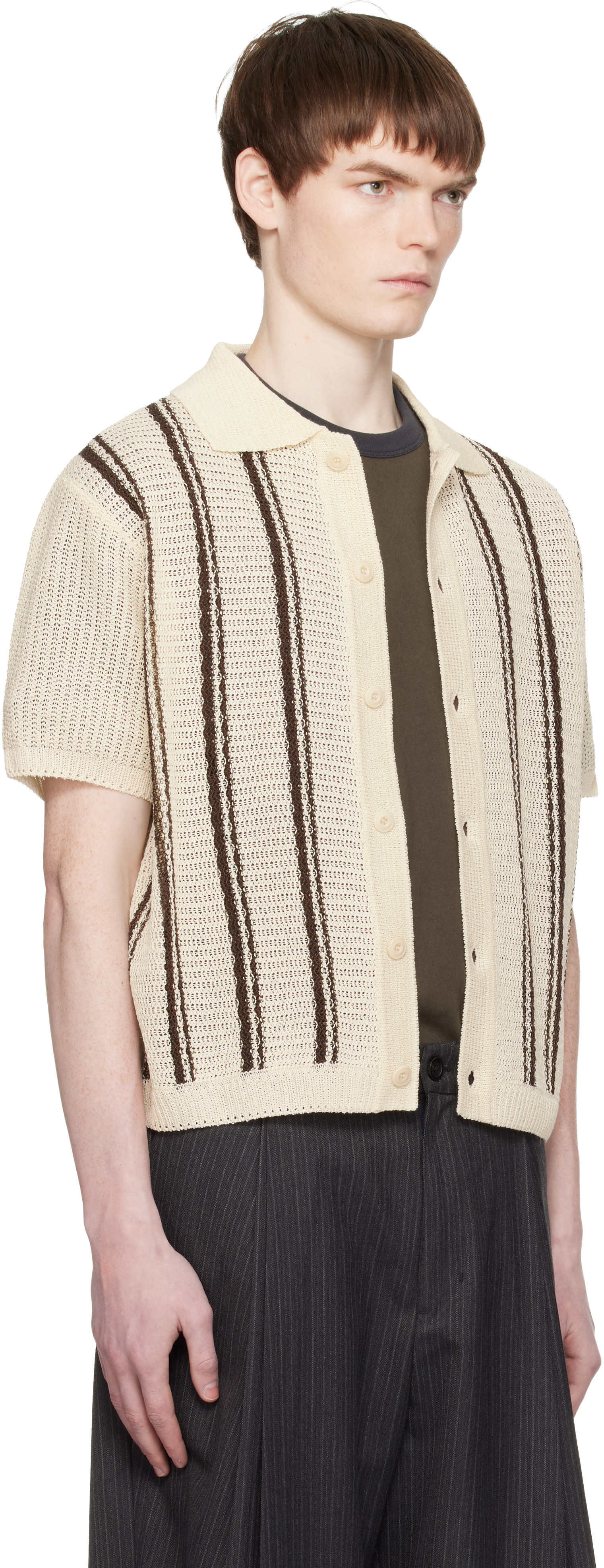 トップス coor Top Fill Wool Collar Cardigan COOR: Off-White Double Pin Striped Half Cardigan Shirt | SSENSE