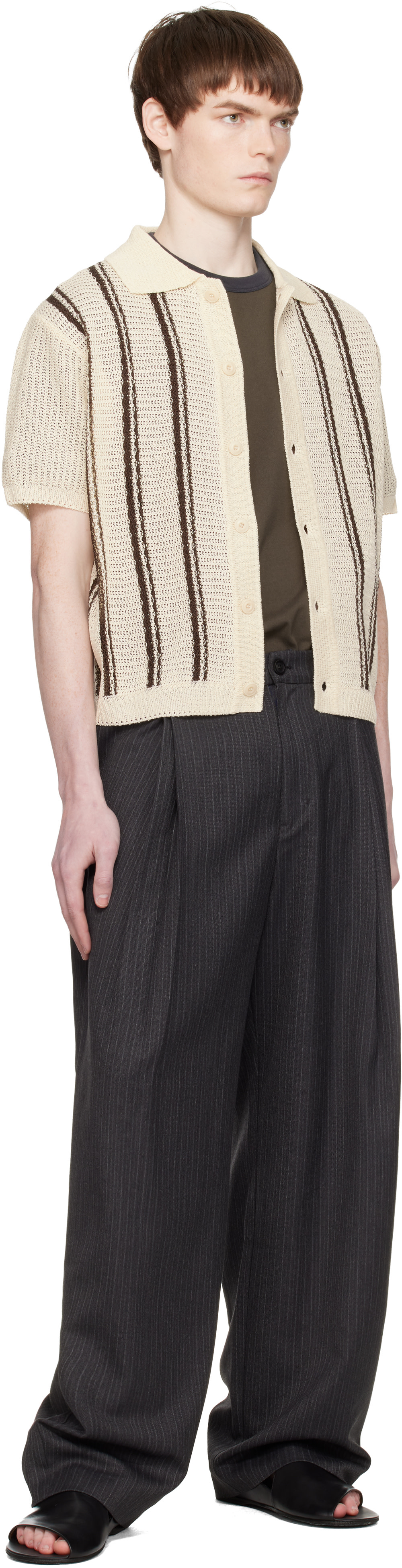 COOR: Off-White Double Pin Striped Half Cardigan Shirt | SSENSE