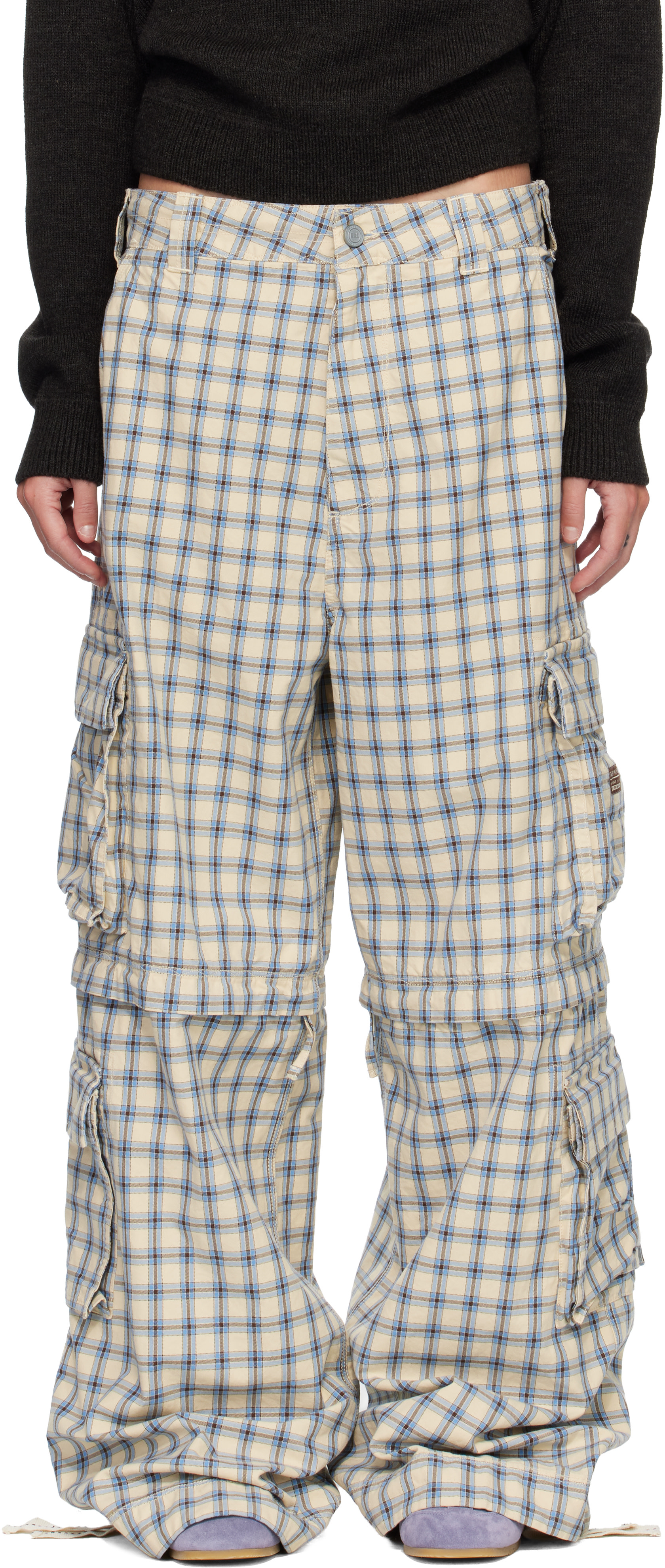 ERL: Beige & Blue Zip-Off Plaid Cargo Pants | SSENSE