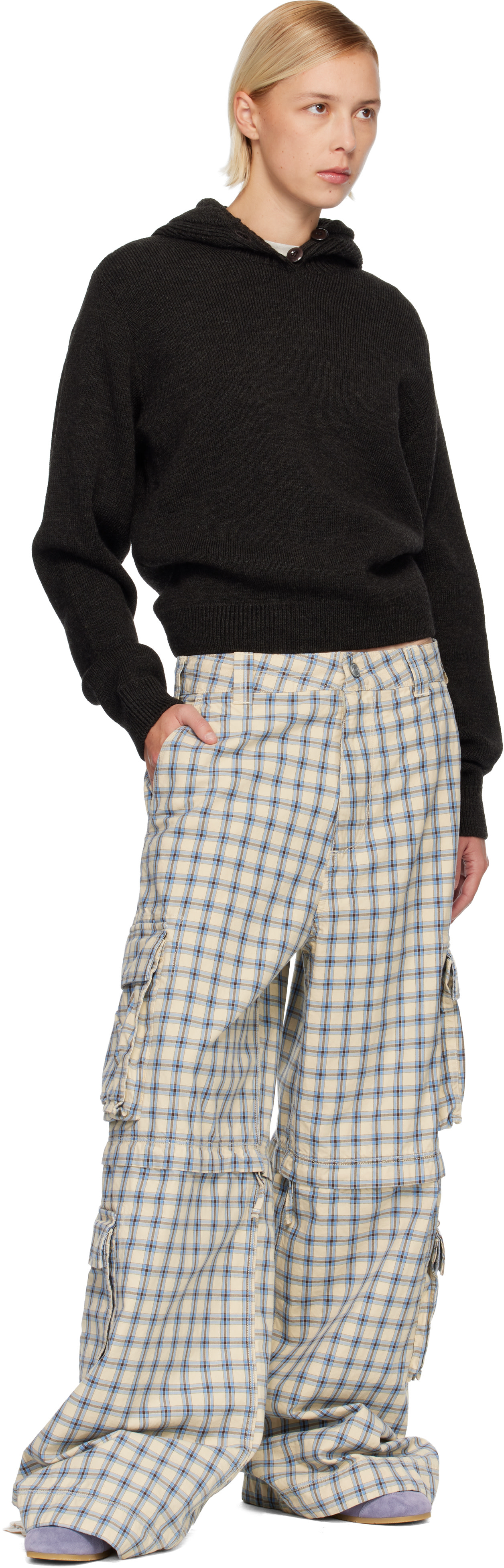ERL: Beige & Blue Zip-Off Plaid Cargo Pants | SSENSE