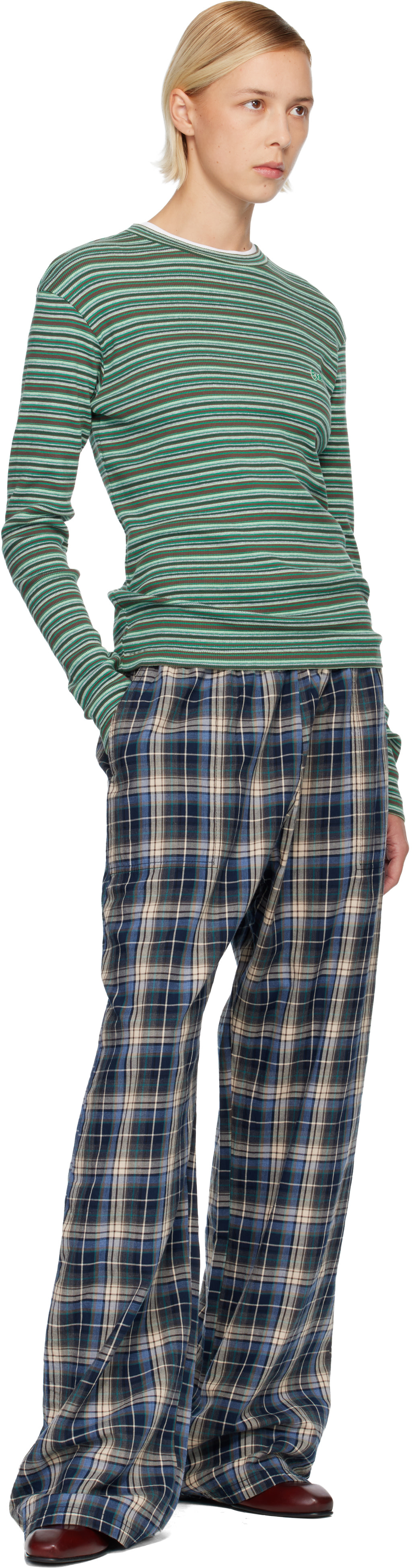 ERL ストライプ 長袖カットソー ロンT ERL: Green Striped Long Sleeved T-shirt | SSENSE
