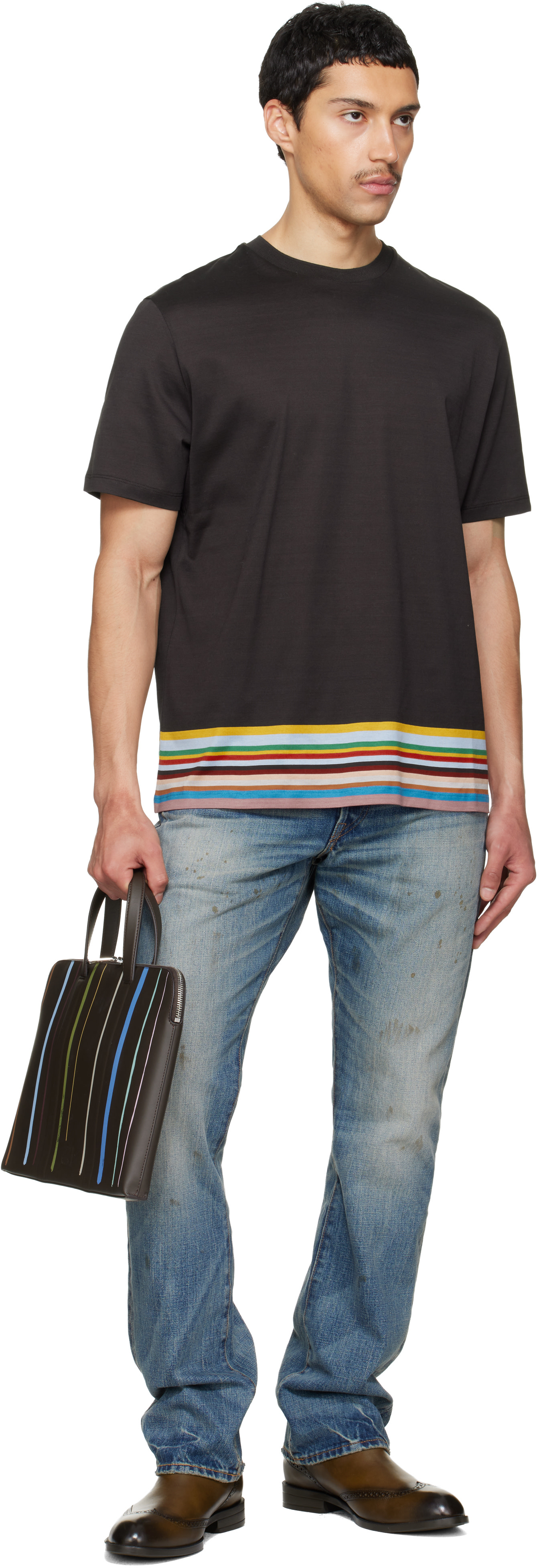 Paul Smith - 브라운 페인트 스트라이프 슬림 가죽 폴리오 브리프케이스