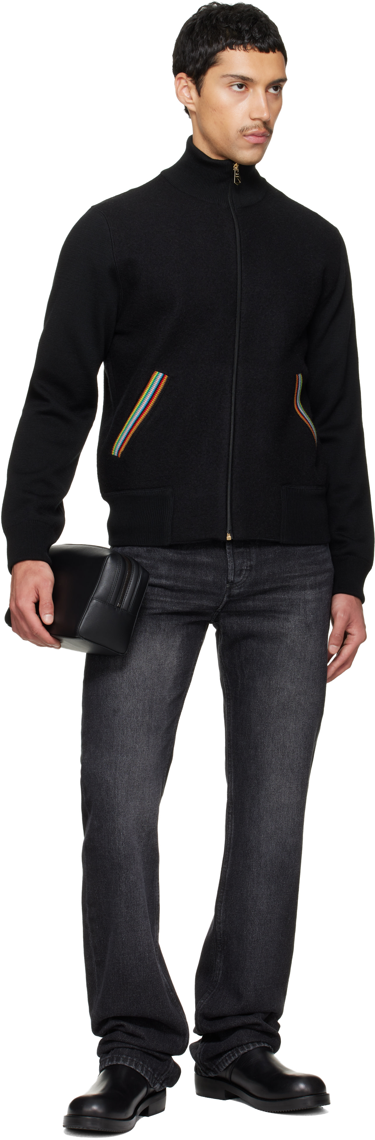 Paul Smith: Black Straw-Grain Embossed Leather Wash Pouch | SSENSE