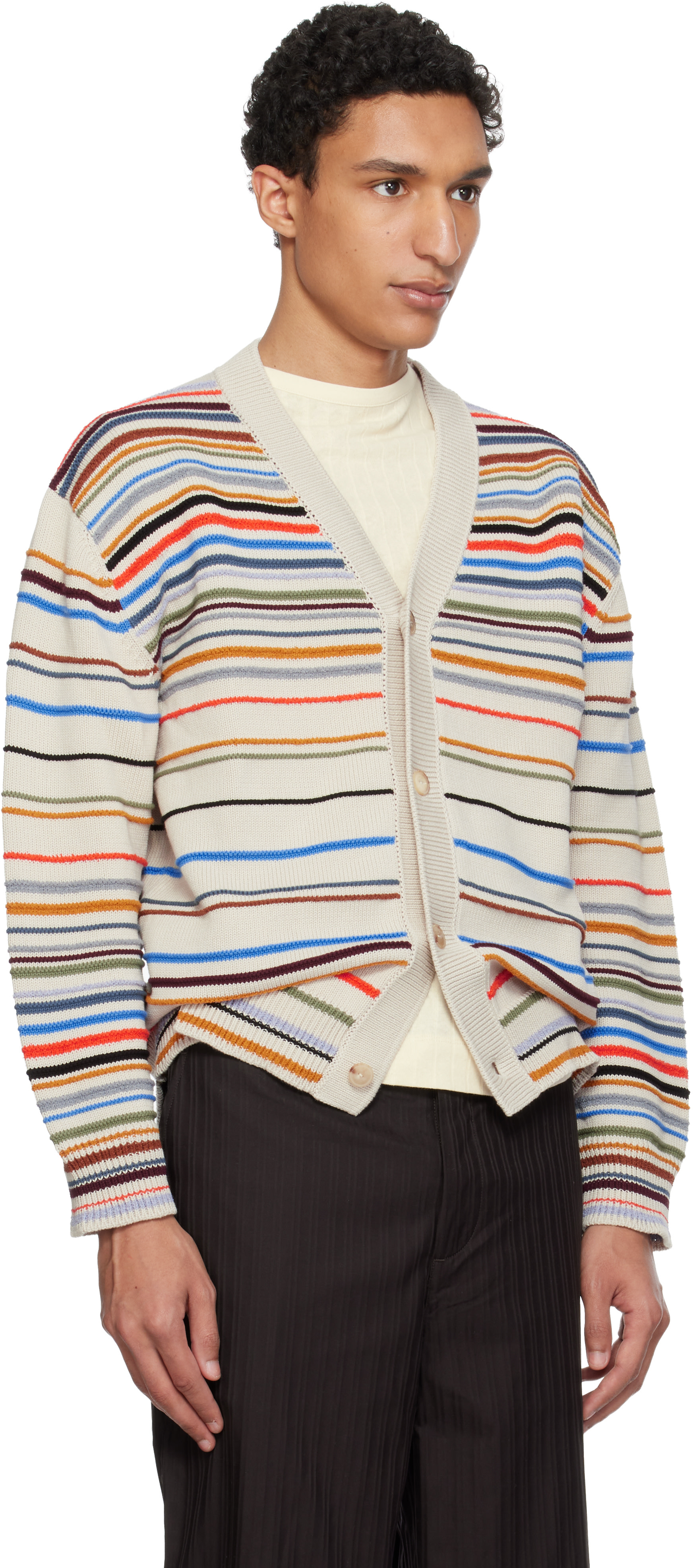 【Paul Smith】シグネチャーストライプテープ　カーディガン Paul Smith: Beige 'Signature Stripe' Cotton-Blend Cardigan | SSENSE