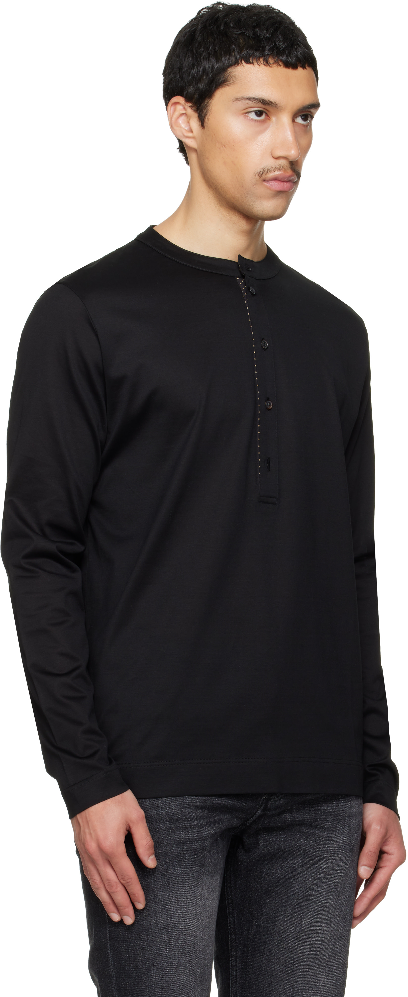 Paul Smith: ブラック LS Grandad Collar ヘンリーネックTシャツ