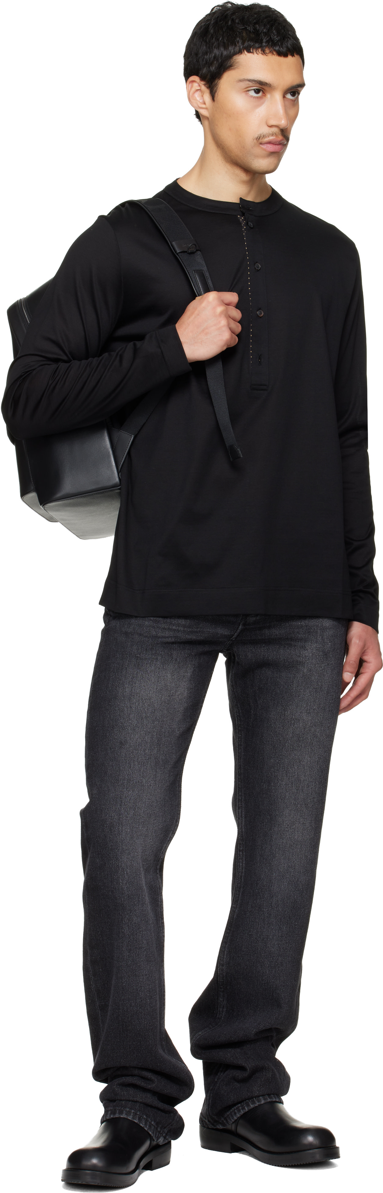 Paul Smith: ブラック LS Grandad Collar ヘンリーネックTシャツ