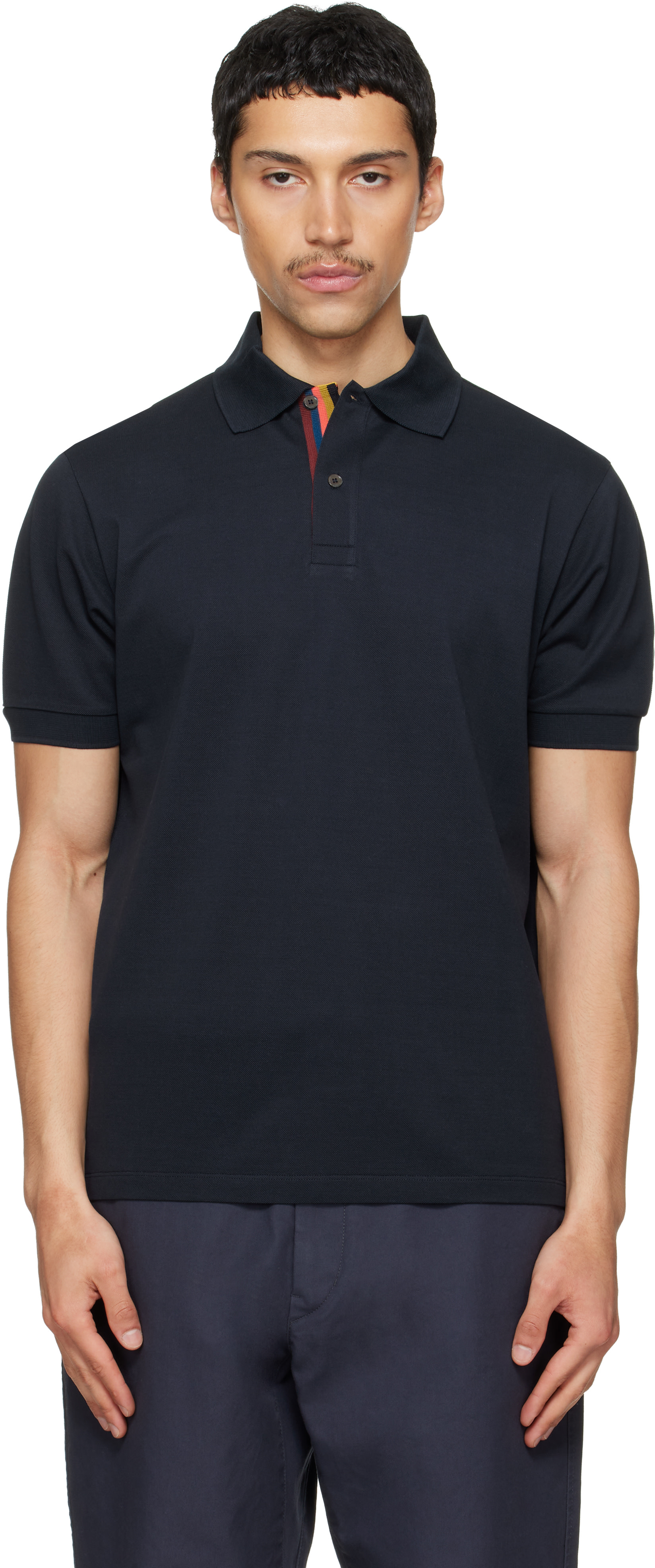 Paul Smith - Navy Cotton 'Artist Stripe' Placket Polo