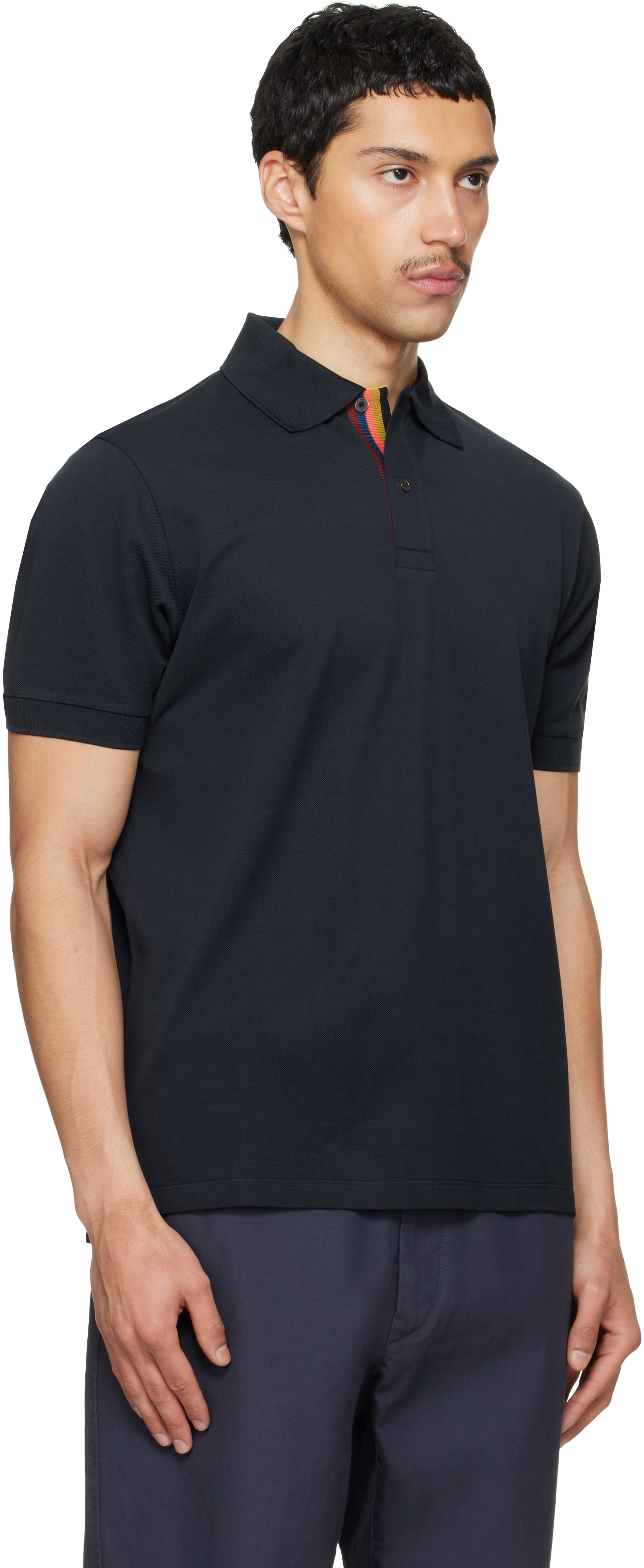 Paul Smith - Navy Cotton 'Artist Stripe' Placket Polo
