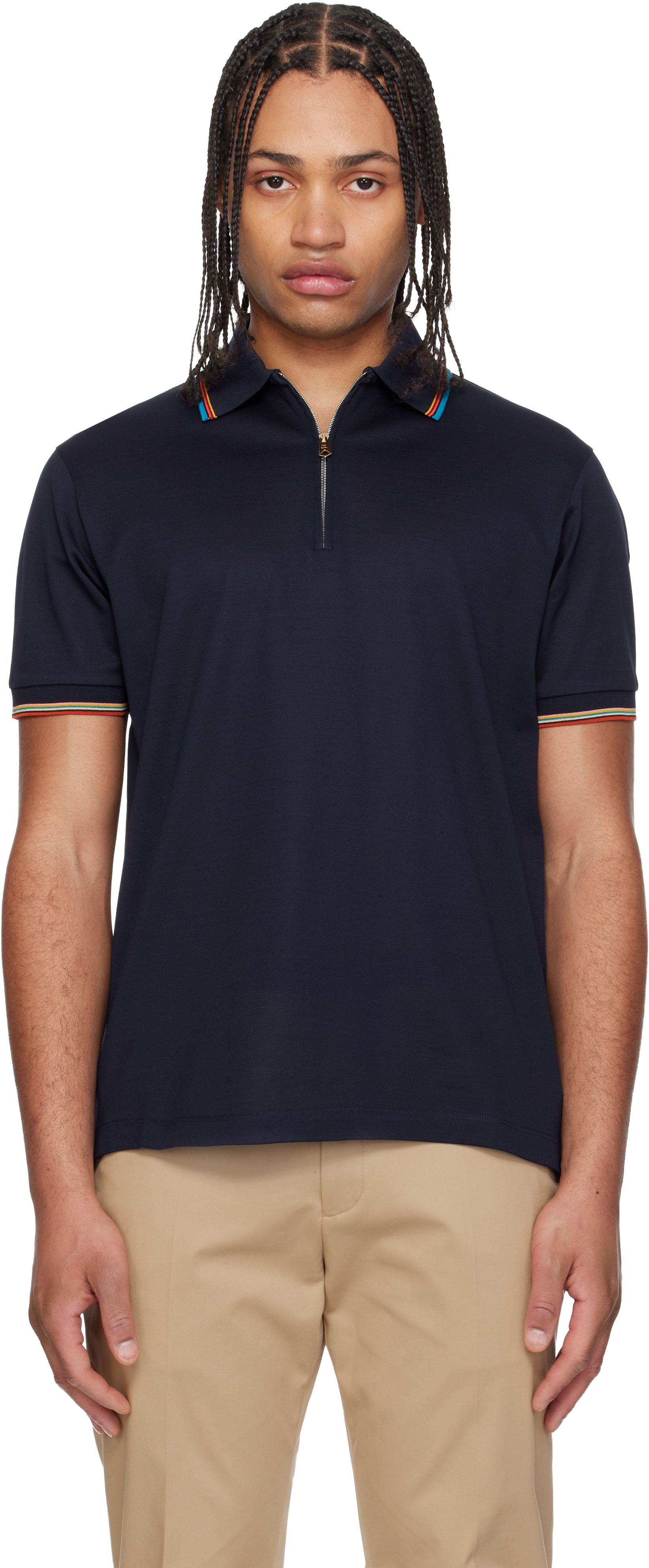 Paul Smith: Navy Cotton 'Signature Stripe' Trim Zip Polo Shirt