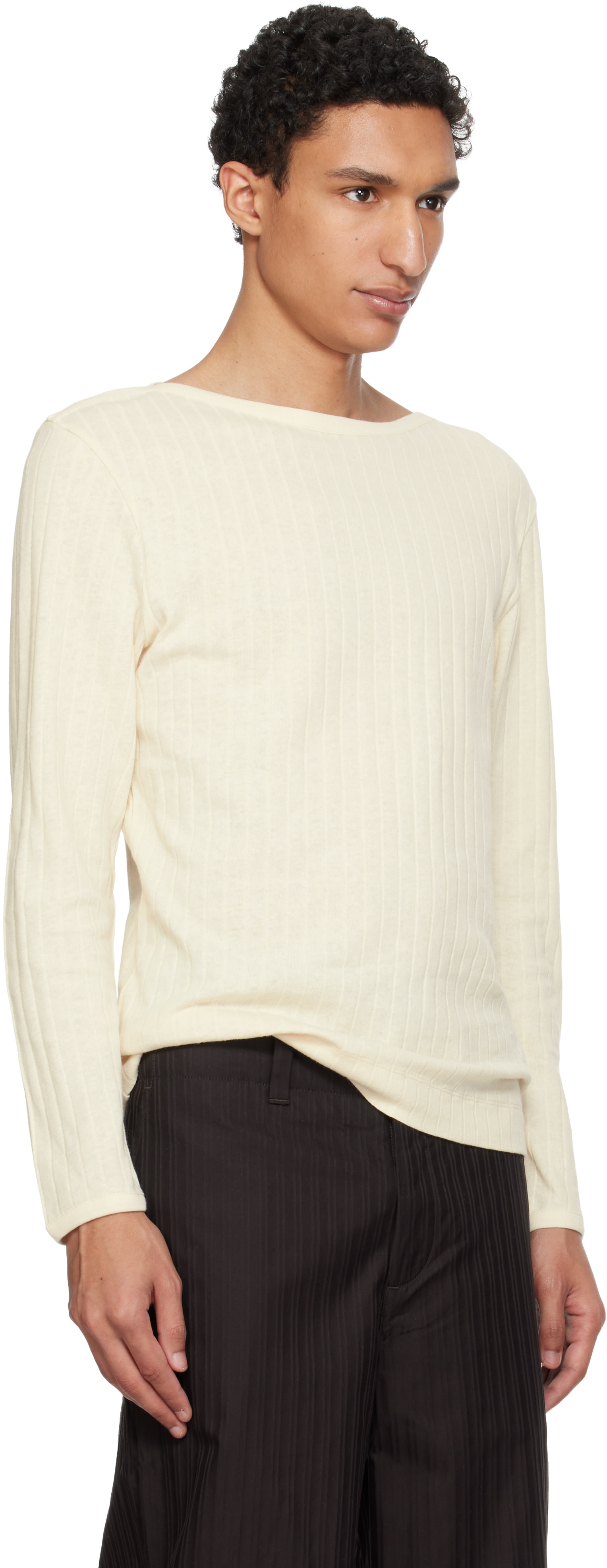 トップス COMOLI W/L/S BOAT NECK KNIT size3 Paul Smith: Beige Cotton-Linen Boat Neck Long-Sleeve T-shirt | SSENSE