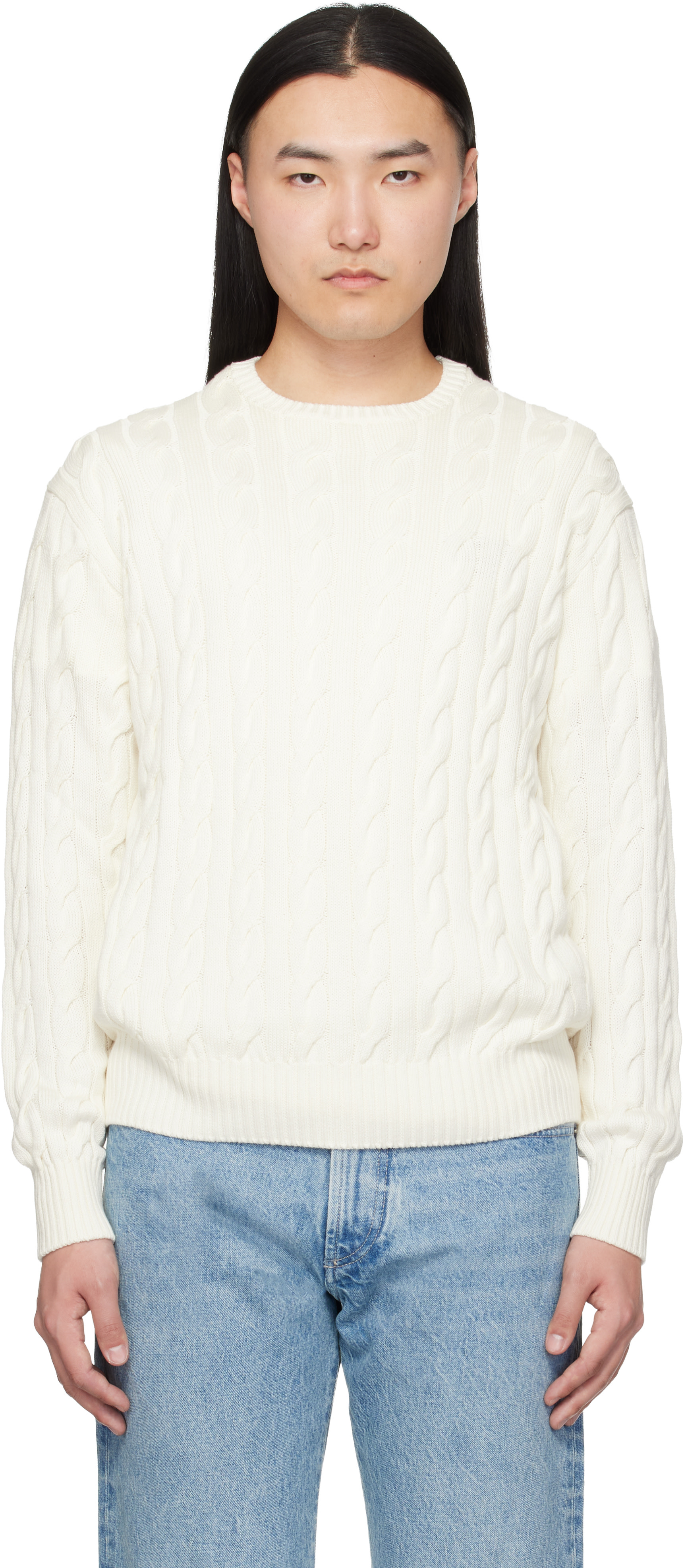 Ralph Lauren Purple Label: White Cotton Silk Cable Crewneck 