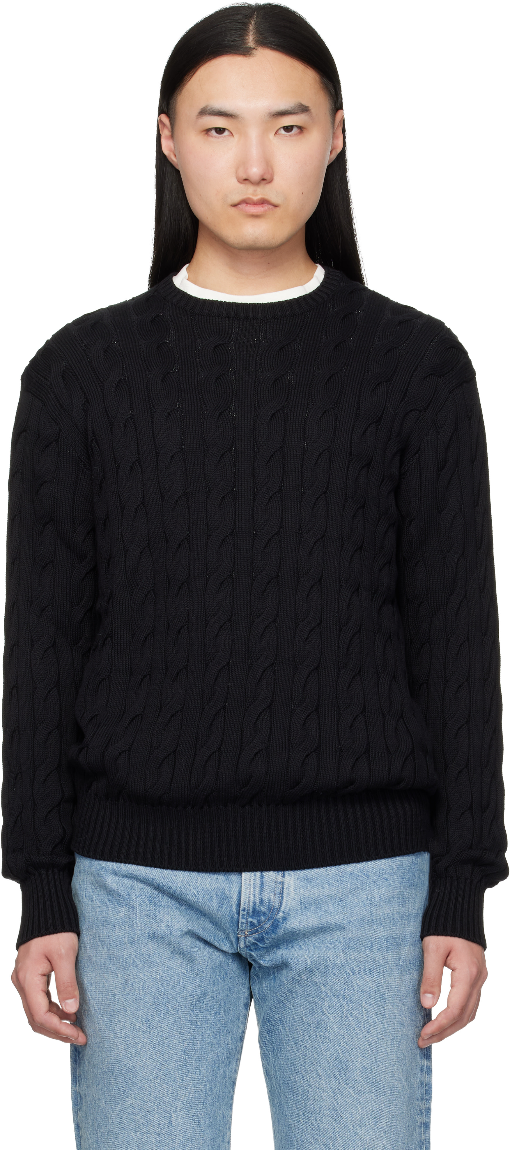 Ralph Lauren Purple Label: Black Cotton Silk Cable Crewneck