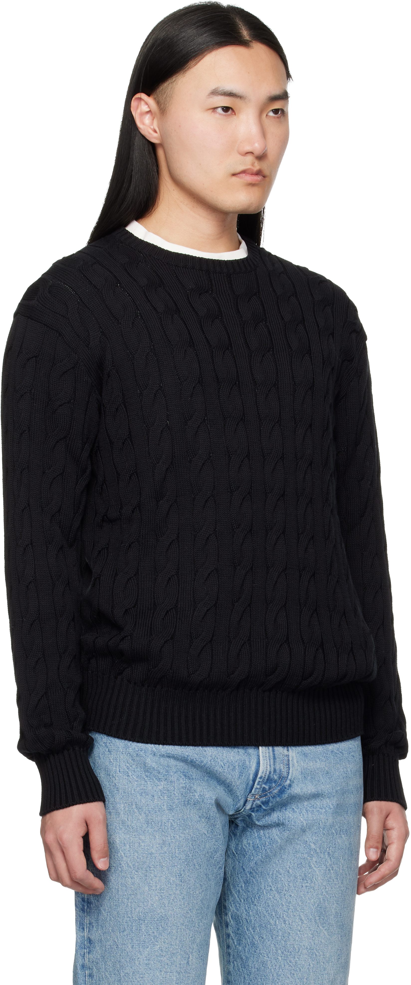 Ralph Lauren Purple Label: ブラック コットンシルク ケーブル クルー 