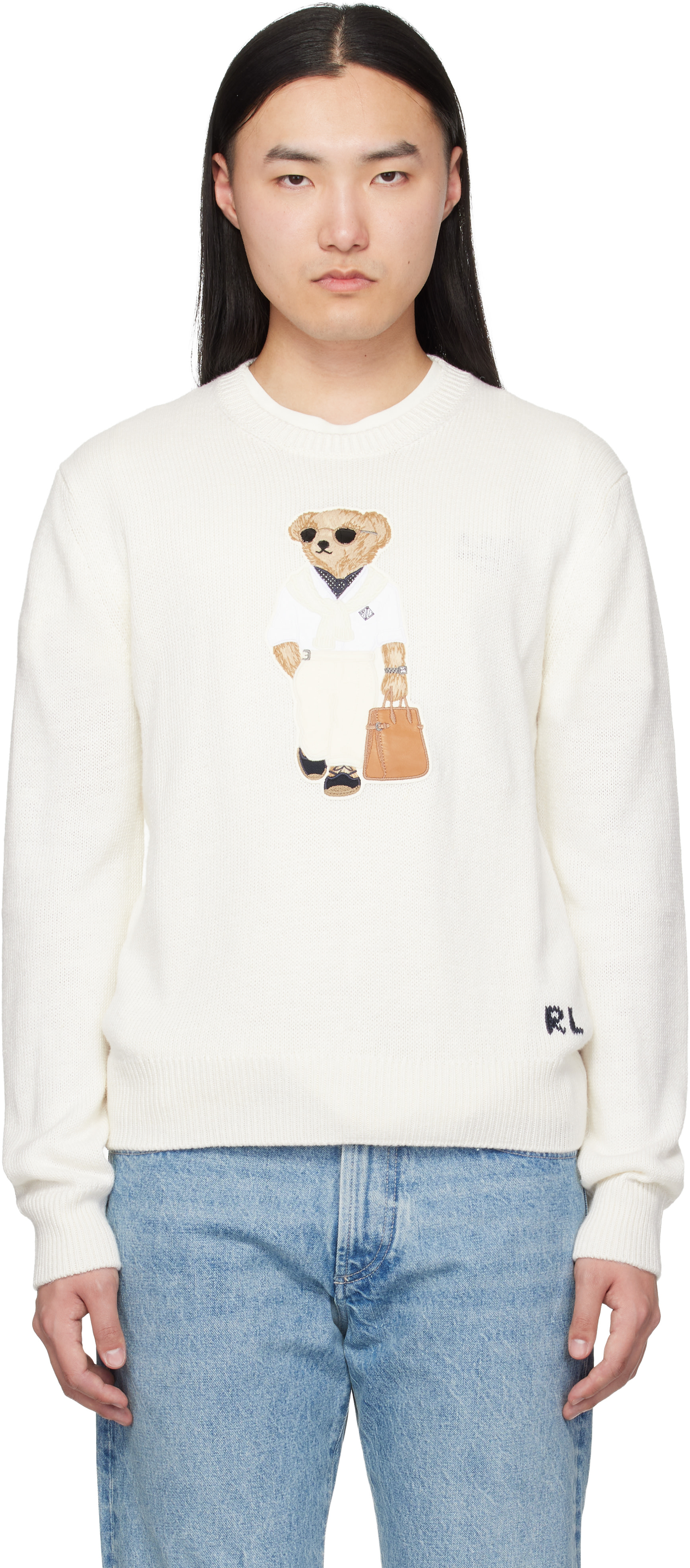 Ralph Lauren Purple Label: White 'Polo Bear' Silk-Linen Sweater