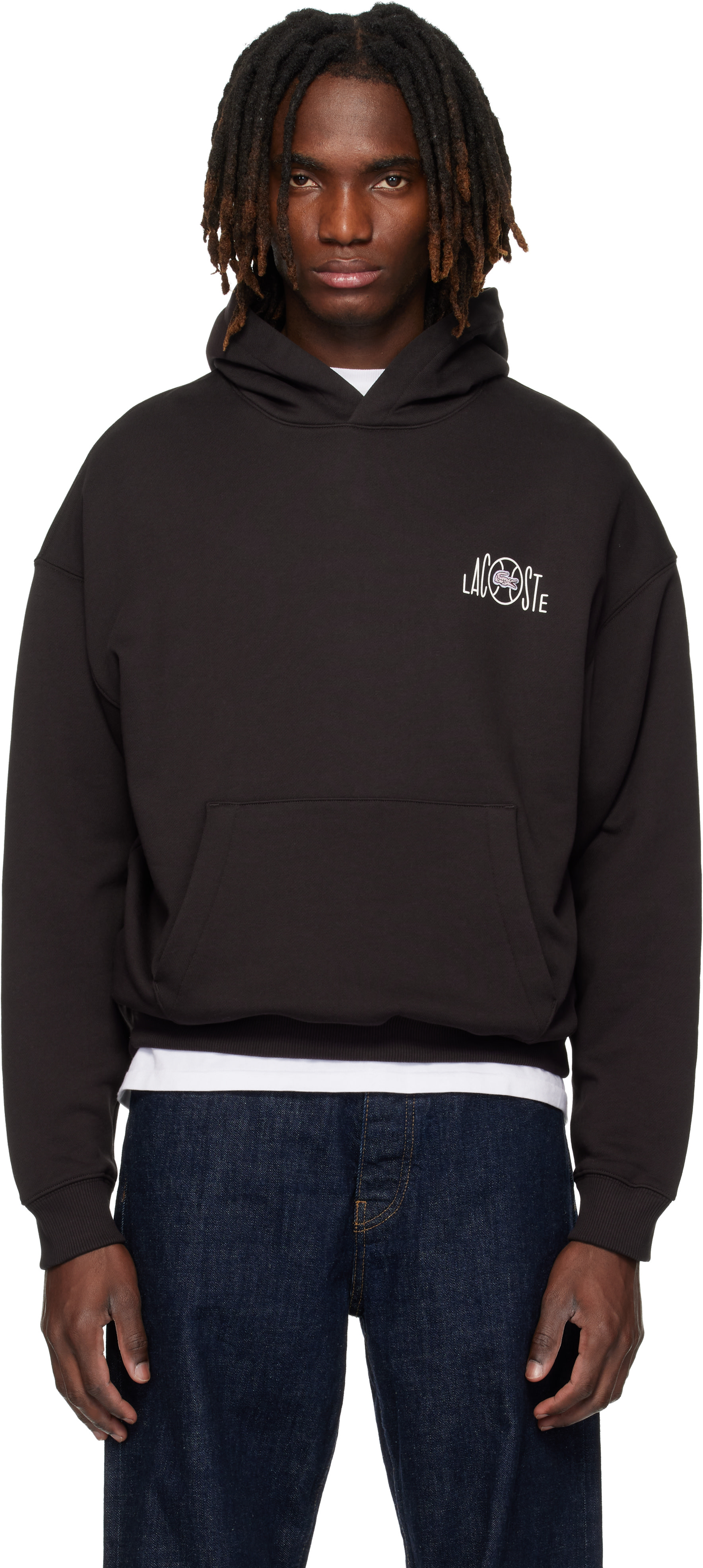Lacoste - Pull à capuche brun en molleton à image imprimée