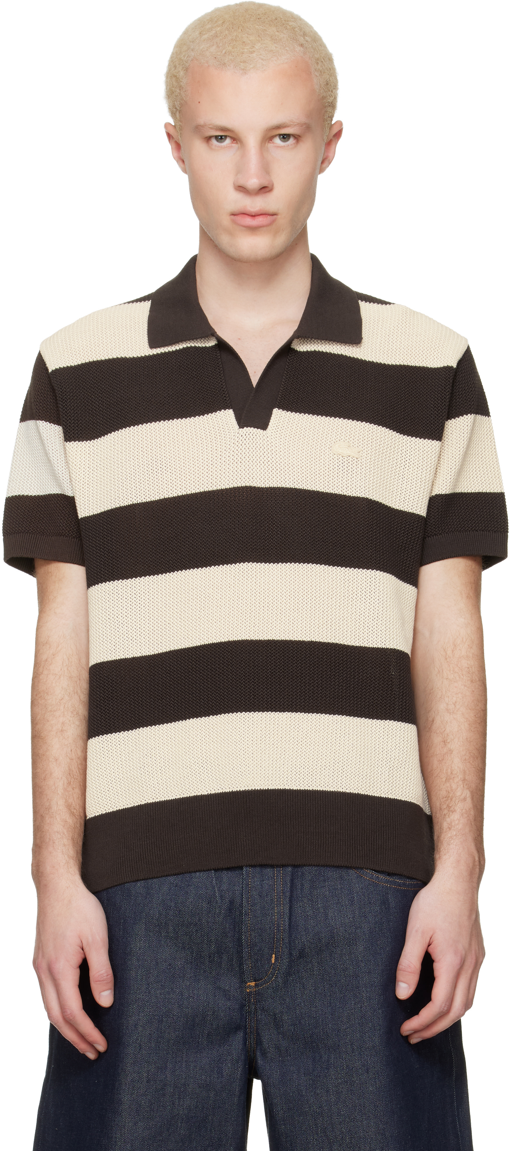Lacoste - Polo brun et blanc cassé à rayures