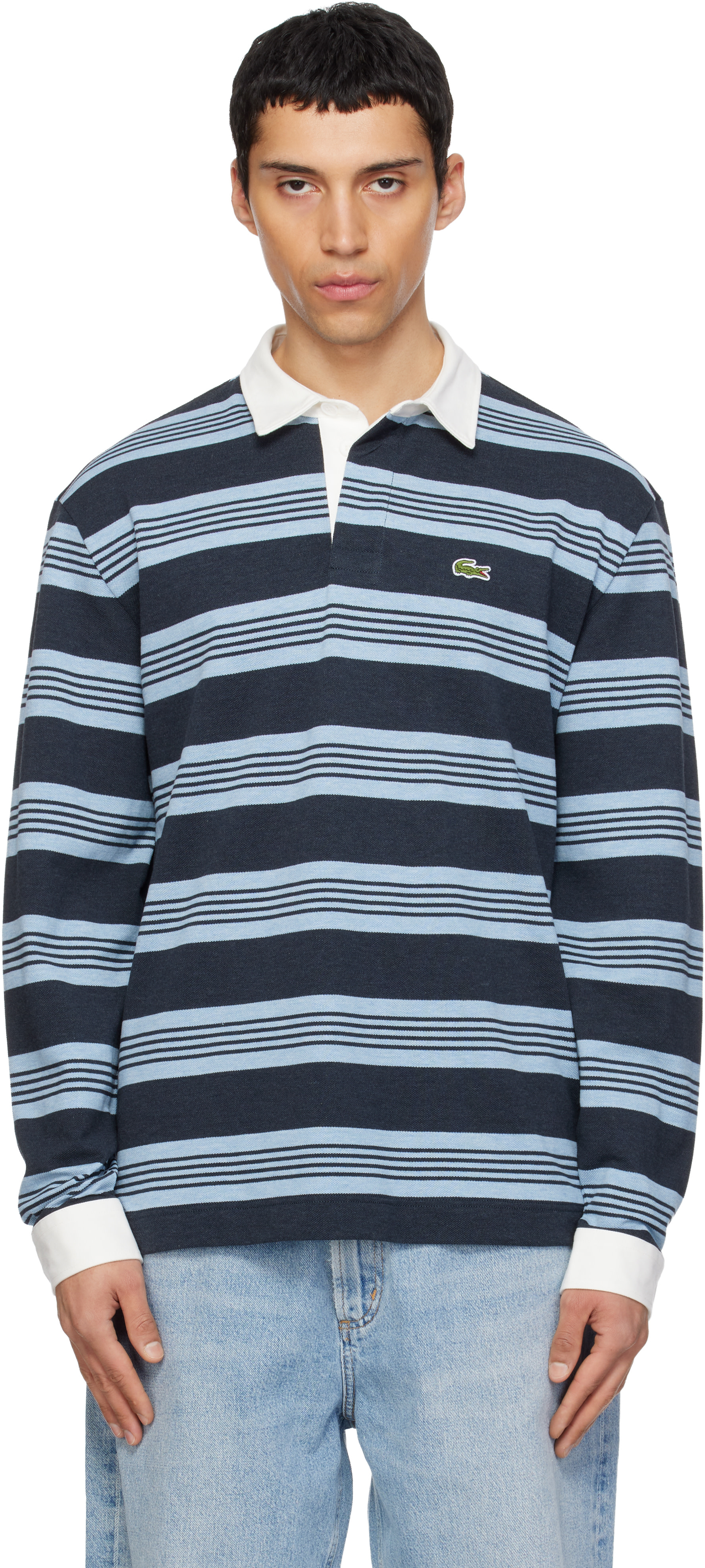 Lacoste: ネイビー＆ブルー リラックスフィット ボーダー ピケ ラガー