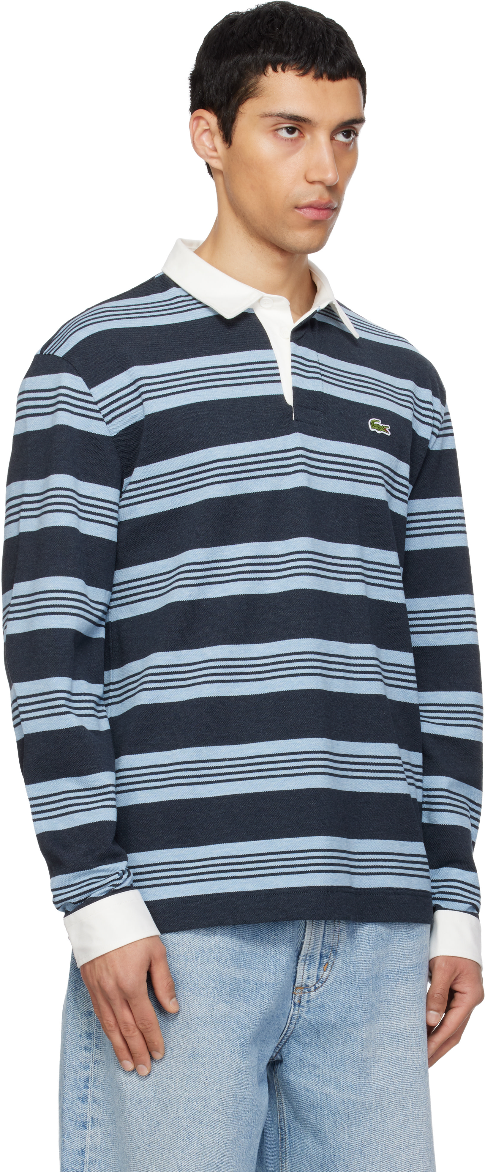 Lacoste: ネイビー＆ブルー リラックスフィット ボーダー ピケ ラガー