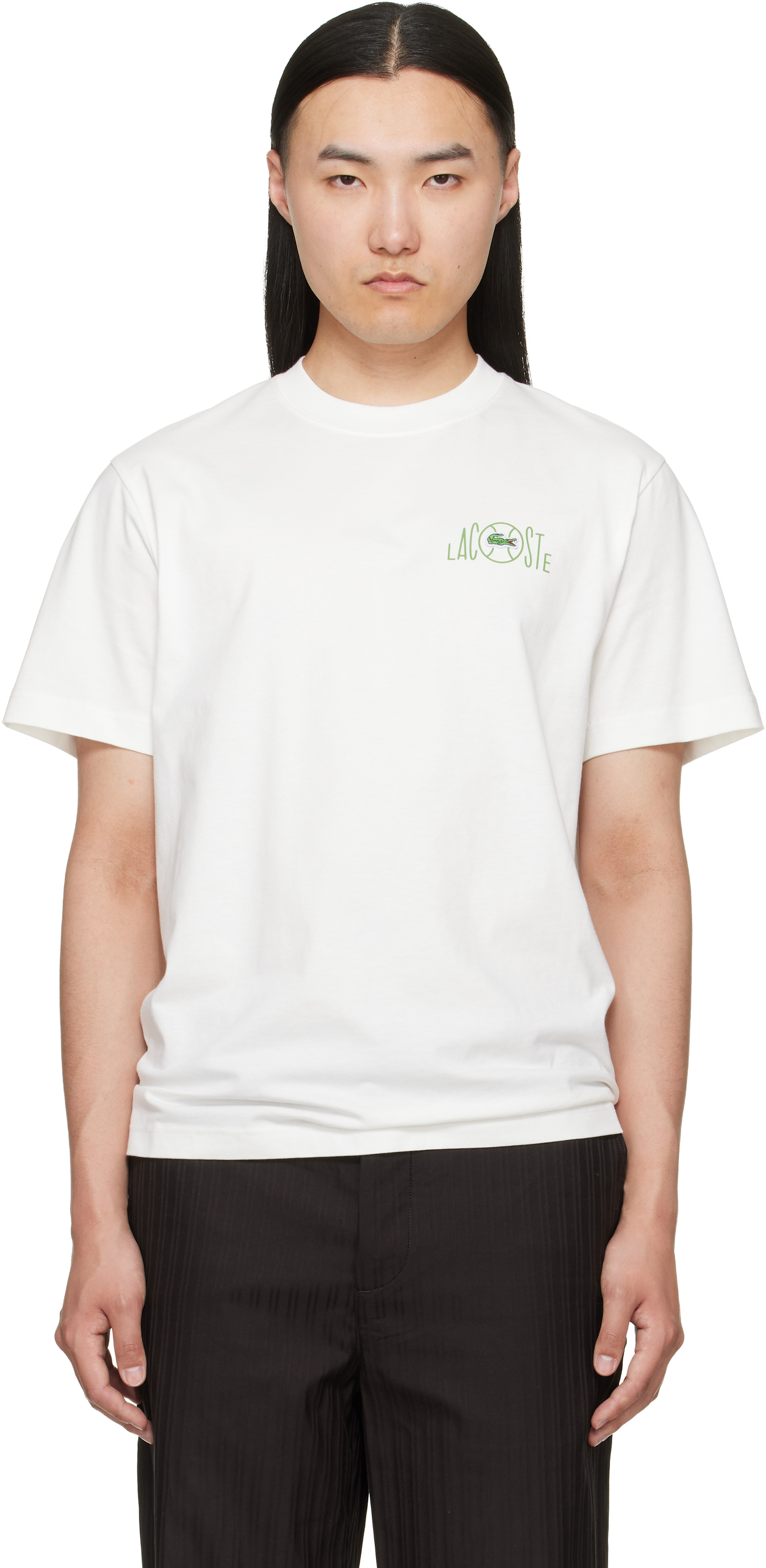 Lacoste - 오프 화이트 프린트 코튼 티셔츠