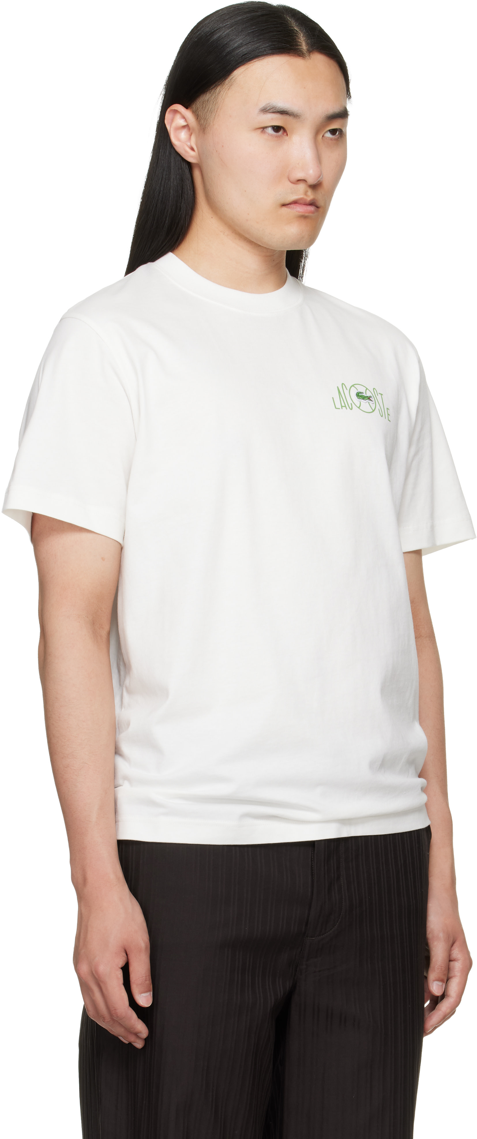 Lacoste - 오프 화이트 프린트 코튼 티셔츠