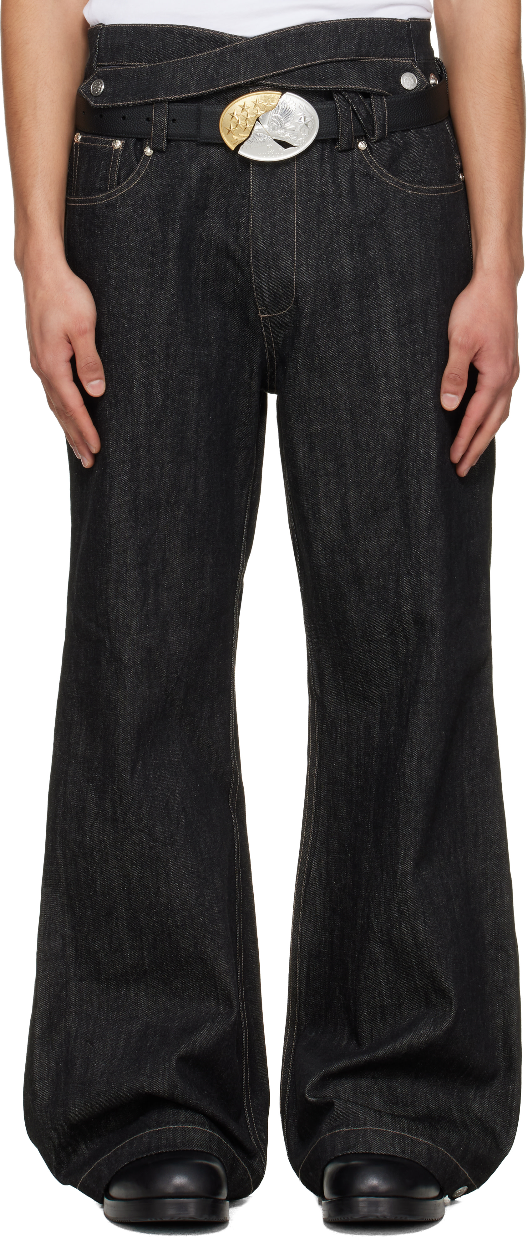 nullus 24ss SNAP FIN FLARED JEANS デニム NULLUS: ブラック Whale Fin Snap-On フレアジーンズ | SSENSE 日本