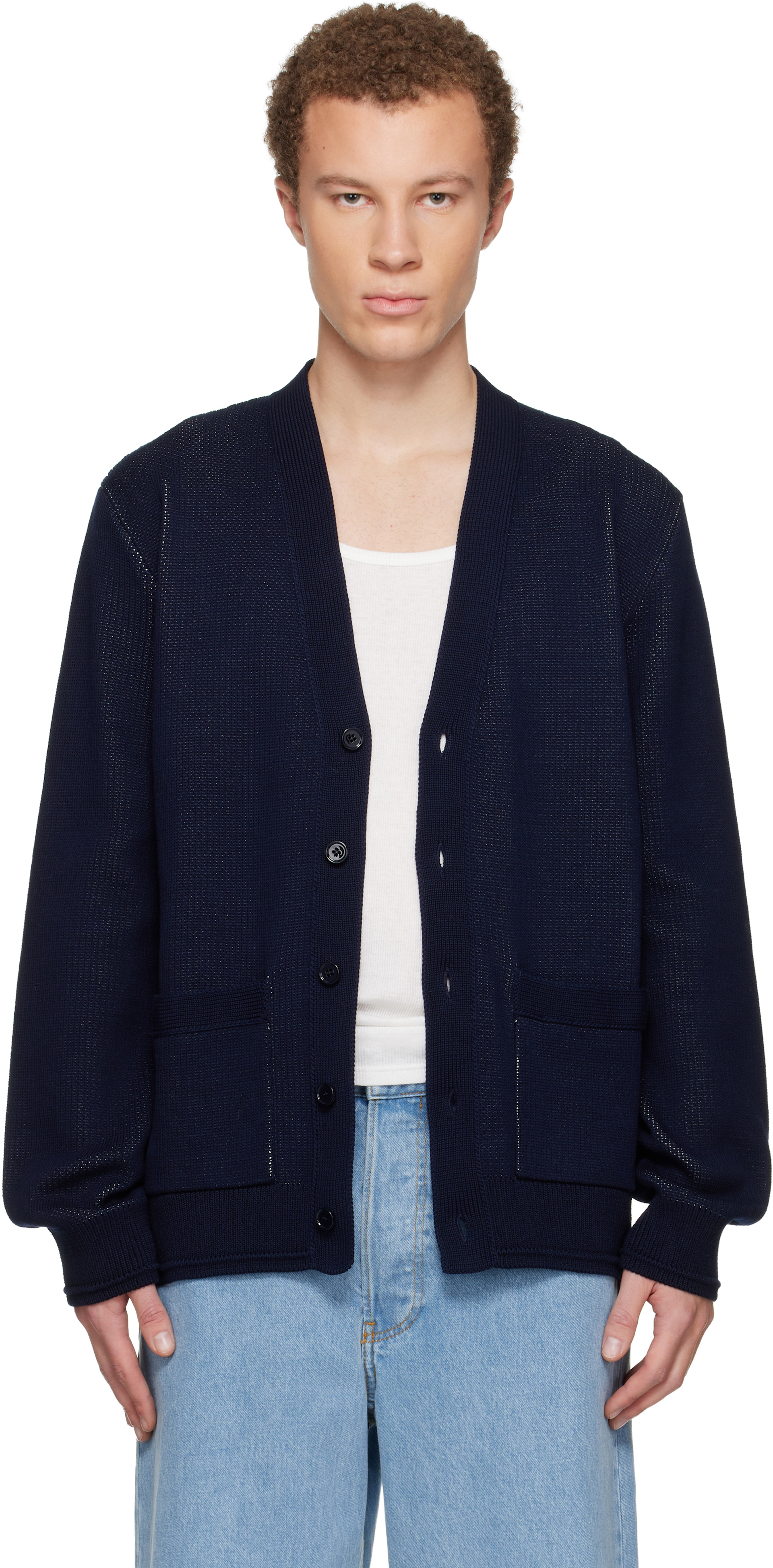 GIVENCHY ジバンシー　金ボタン　紺　ニットジャケット　カーディガン Givenchy: Navy V-Neck Cardigan | SSENSE