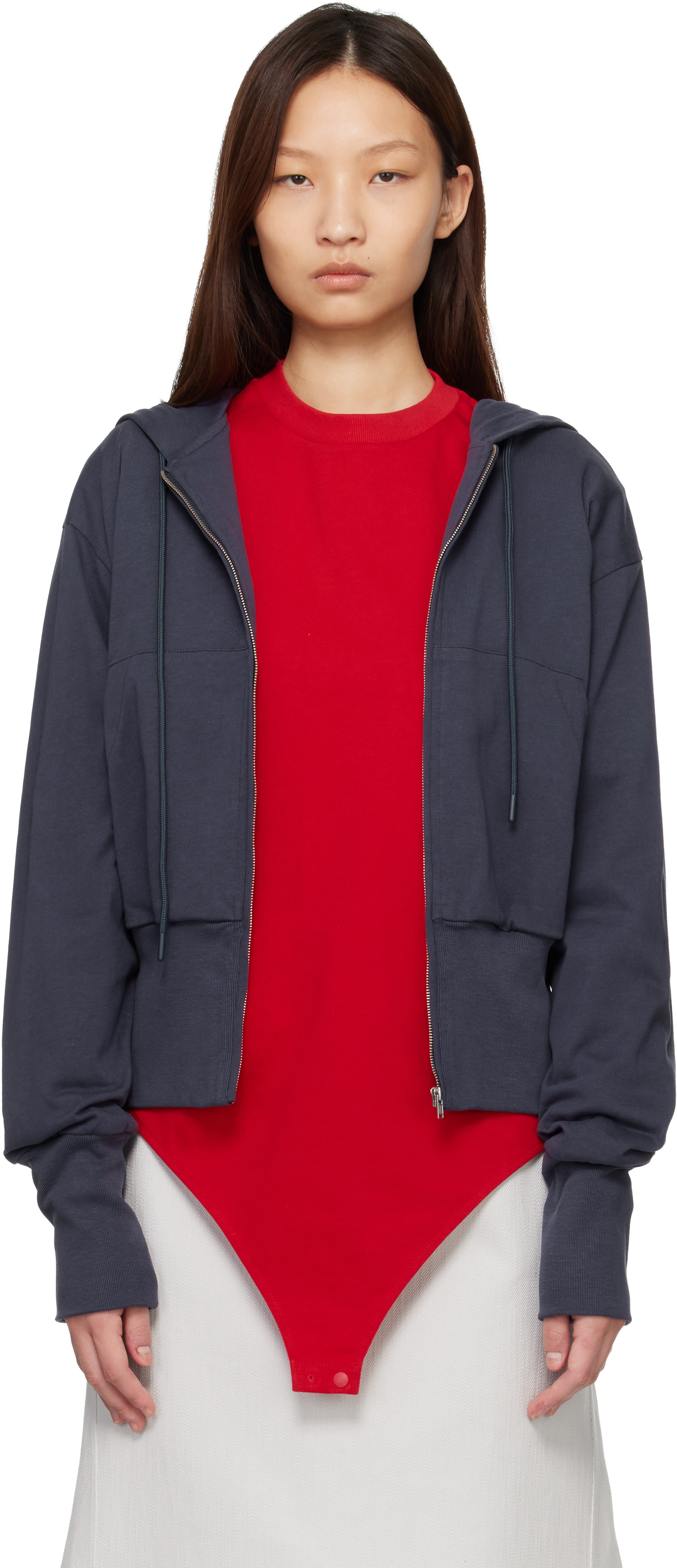 LII - Pull à capuche bleu marine à glissière