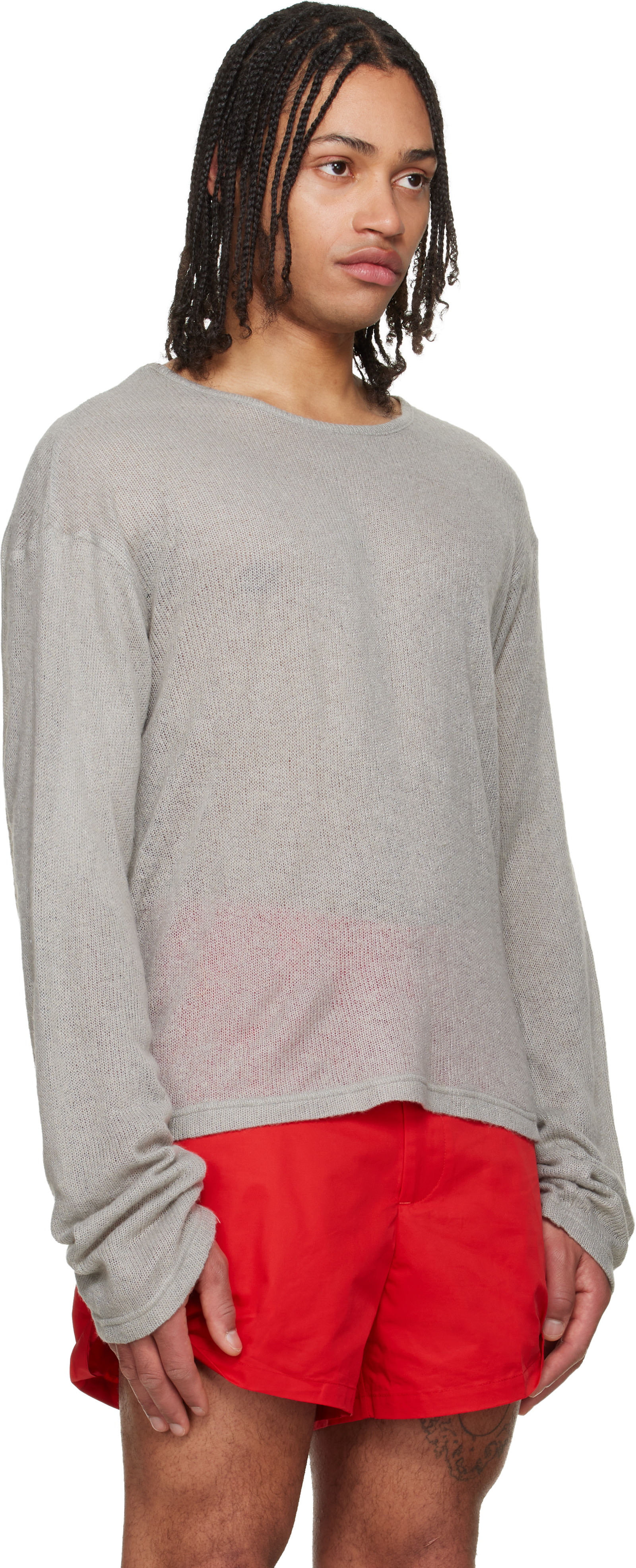 LII - Pull gris en tricot à mailles ouvertes