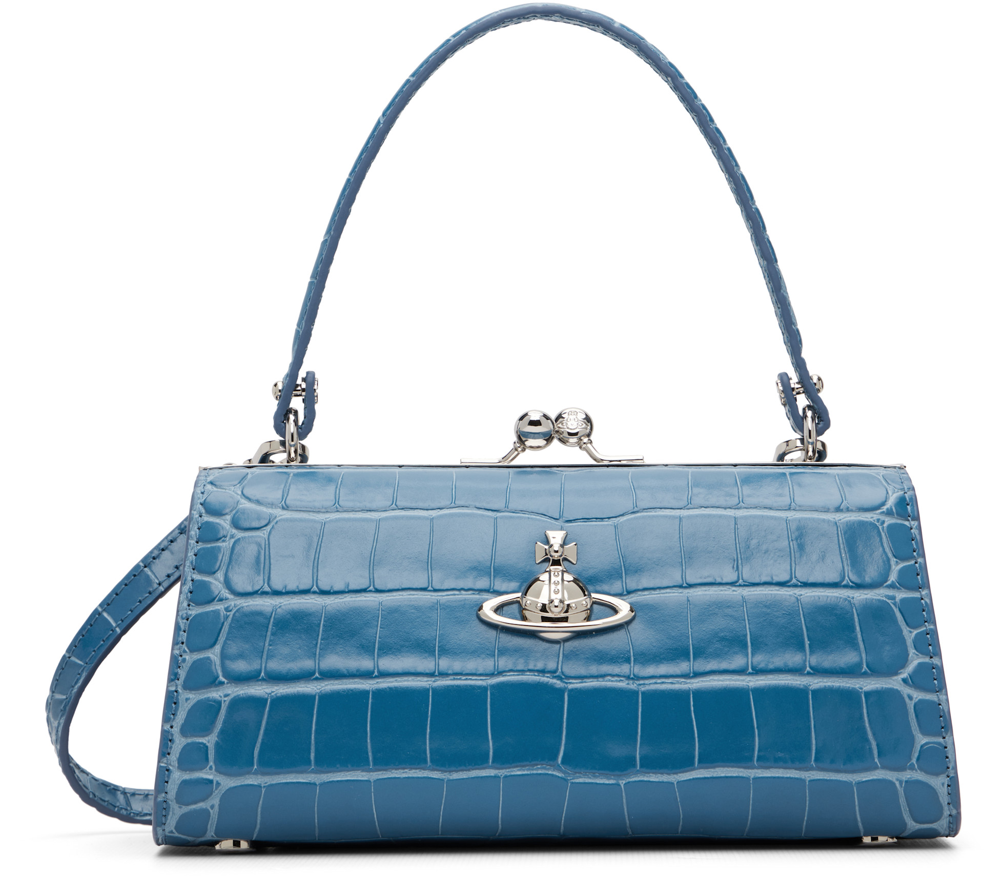 Vivienne Westwood: Blue Emboss Croc Leather Doll XL Frame Bag