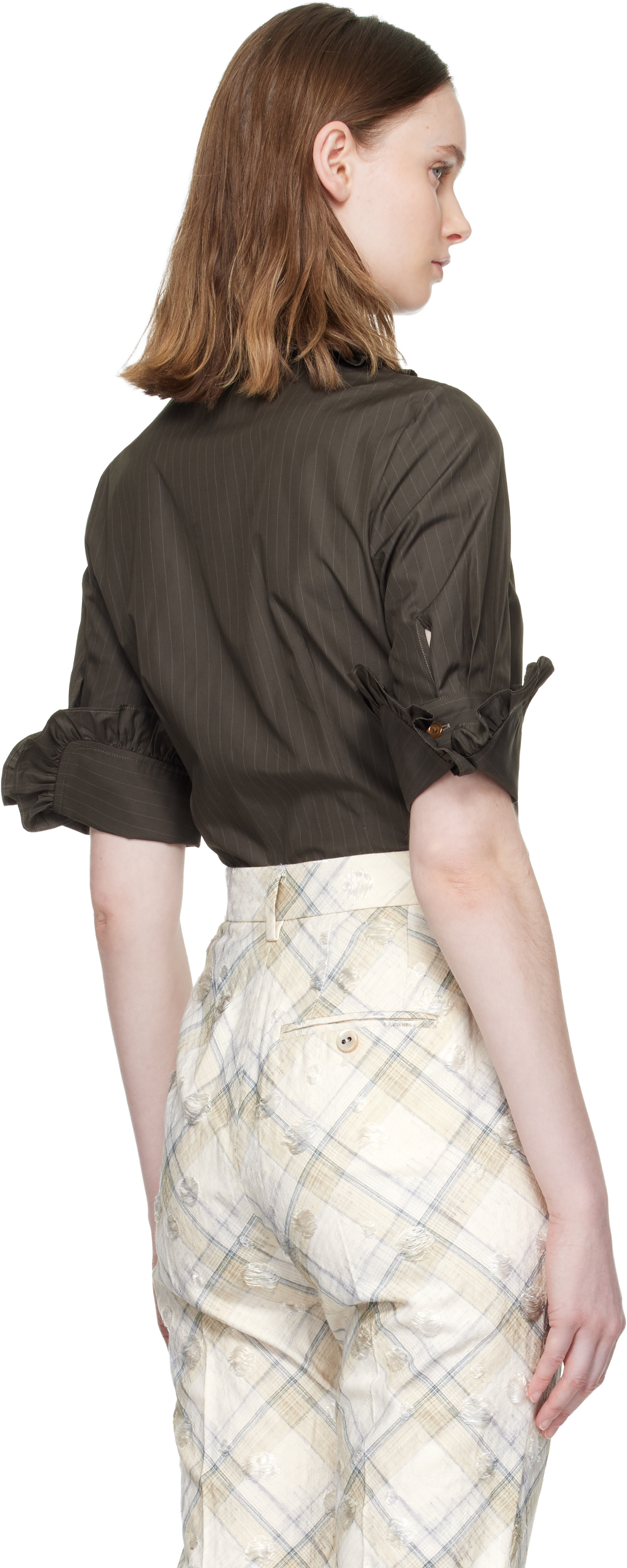 Vivienne Westwood: Brown Pinstripe Shirting S/S Toulouse Frill