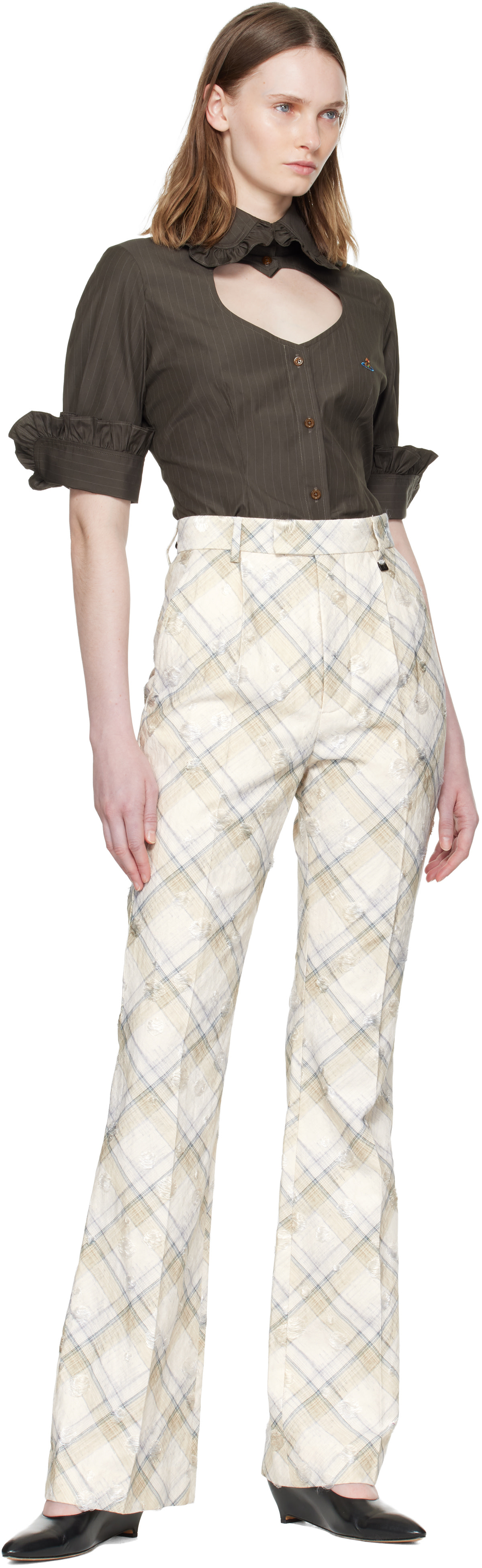 Vivienne Westwood: Brown Pinstripe Shirting S/S Toulouse Frill
