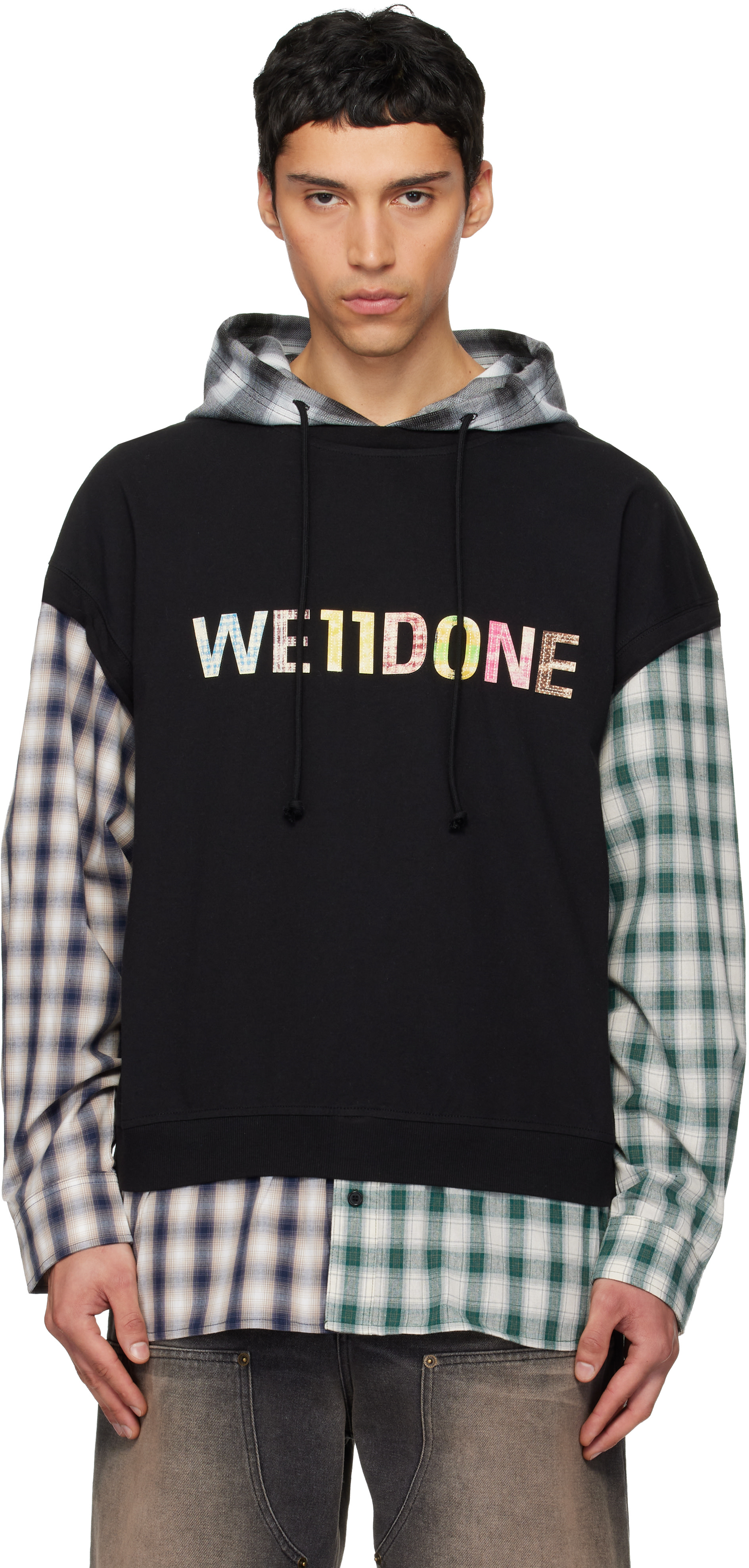 We11done - 블랙 웰던 패치워크 레이어드 후디