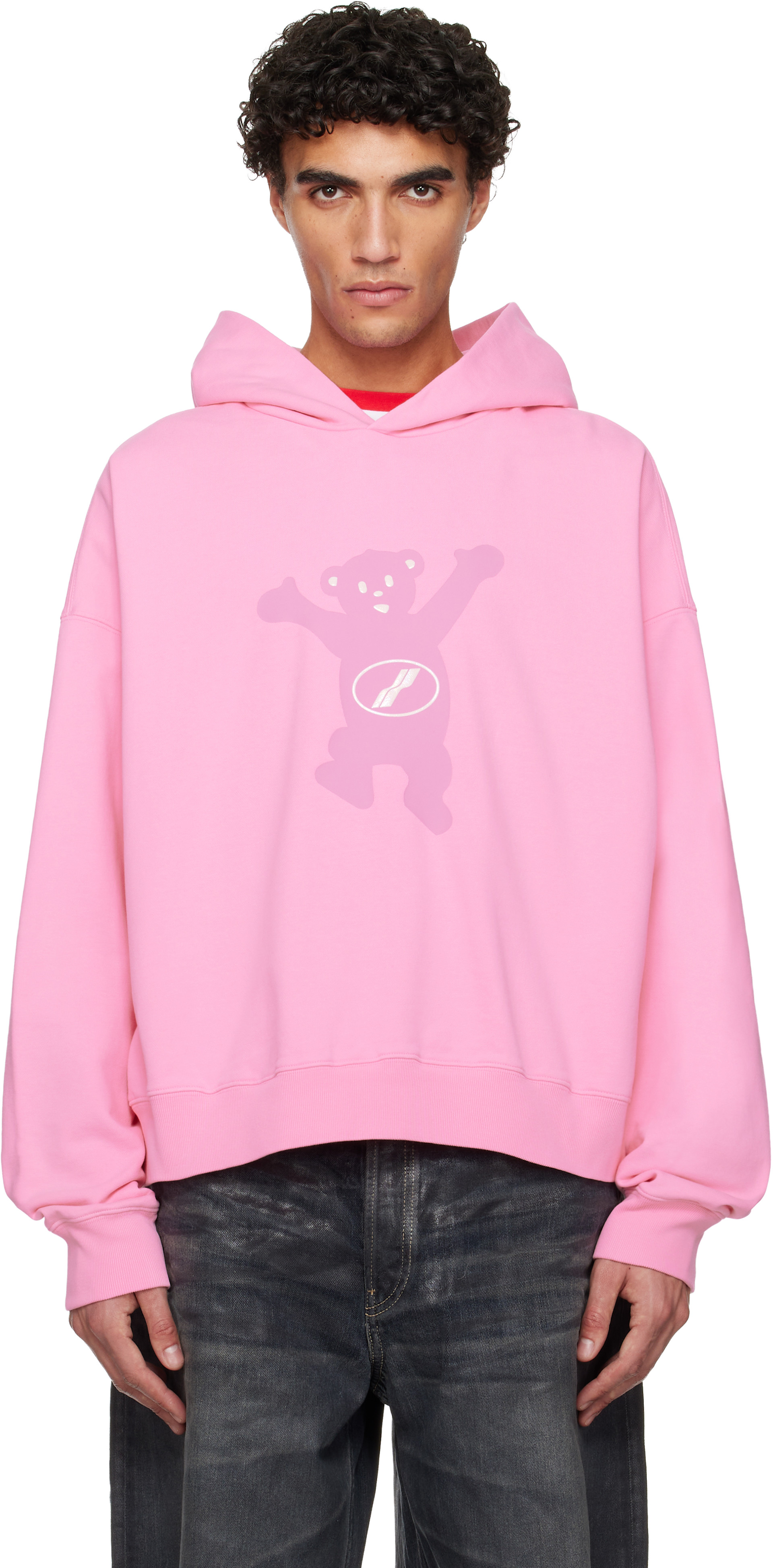 We11done - Pull à capuche délavé rose à logo d'ourson