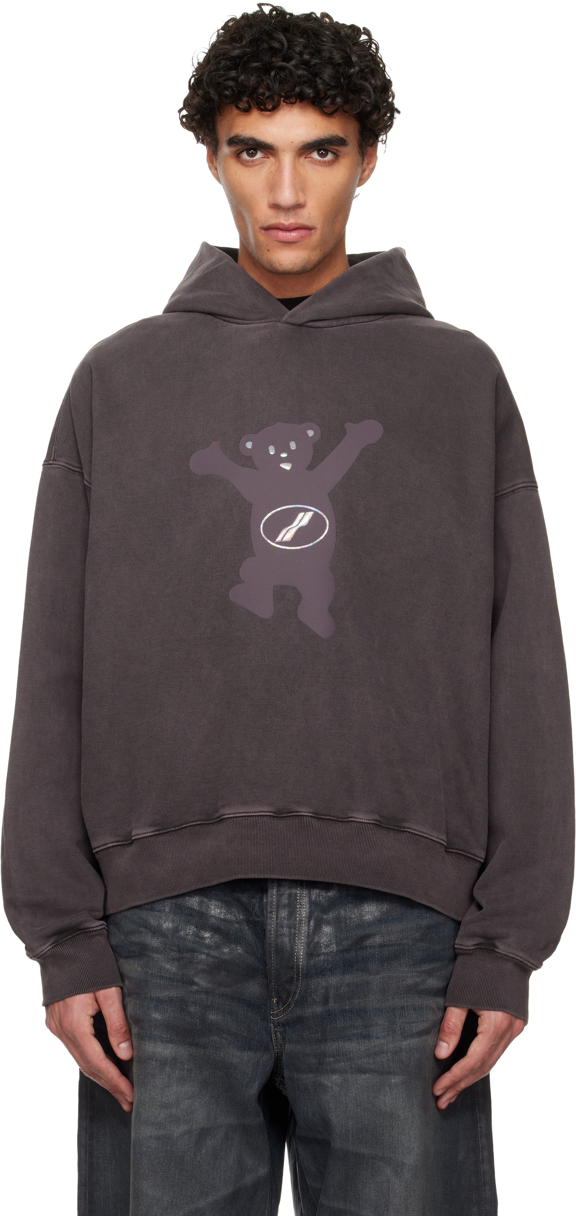 We11done - Pull à capuche délavé gris à logo d'ourson