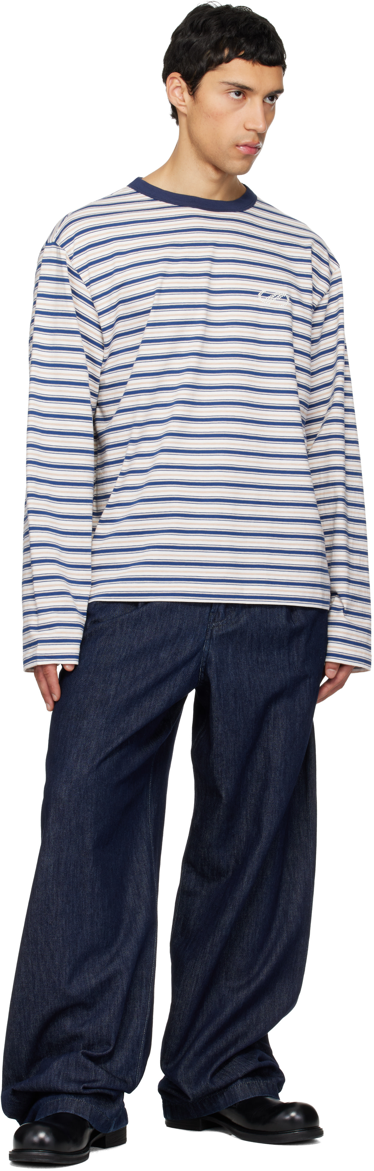 We11done: White & Blue We11done Stripe Long-Sleeve T-shirt