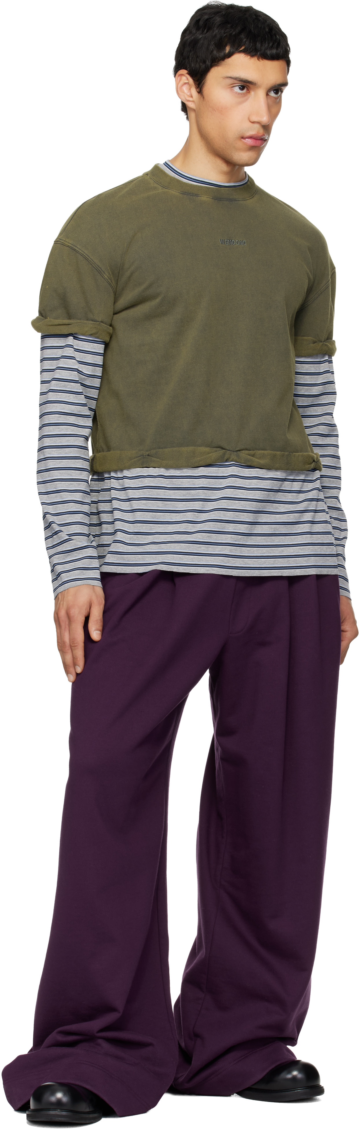 We11done: Green & Gray Layered Stripe Long-Sleeve T-shirt | SSENSE
