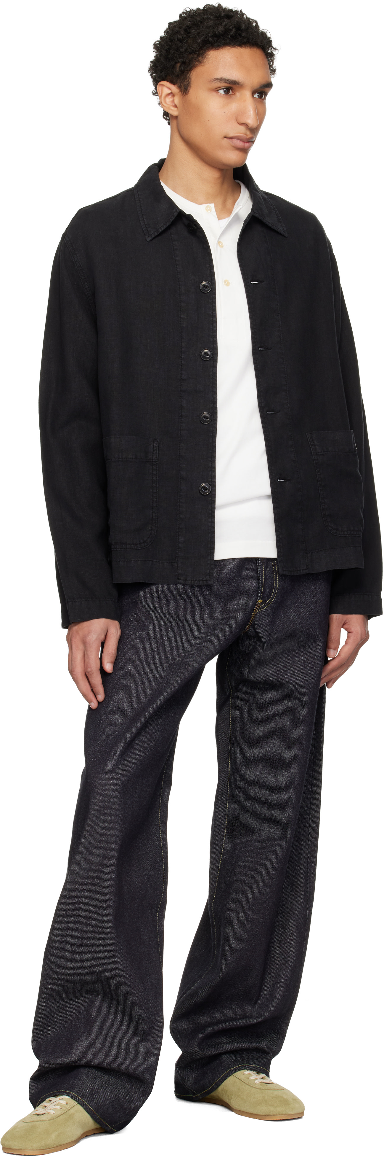 Merz b. Schwanen: ブラック Cropped Worker's リネン ジャケット