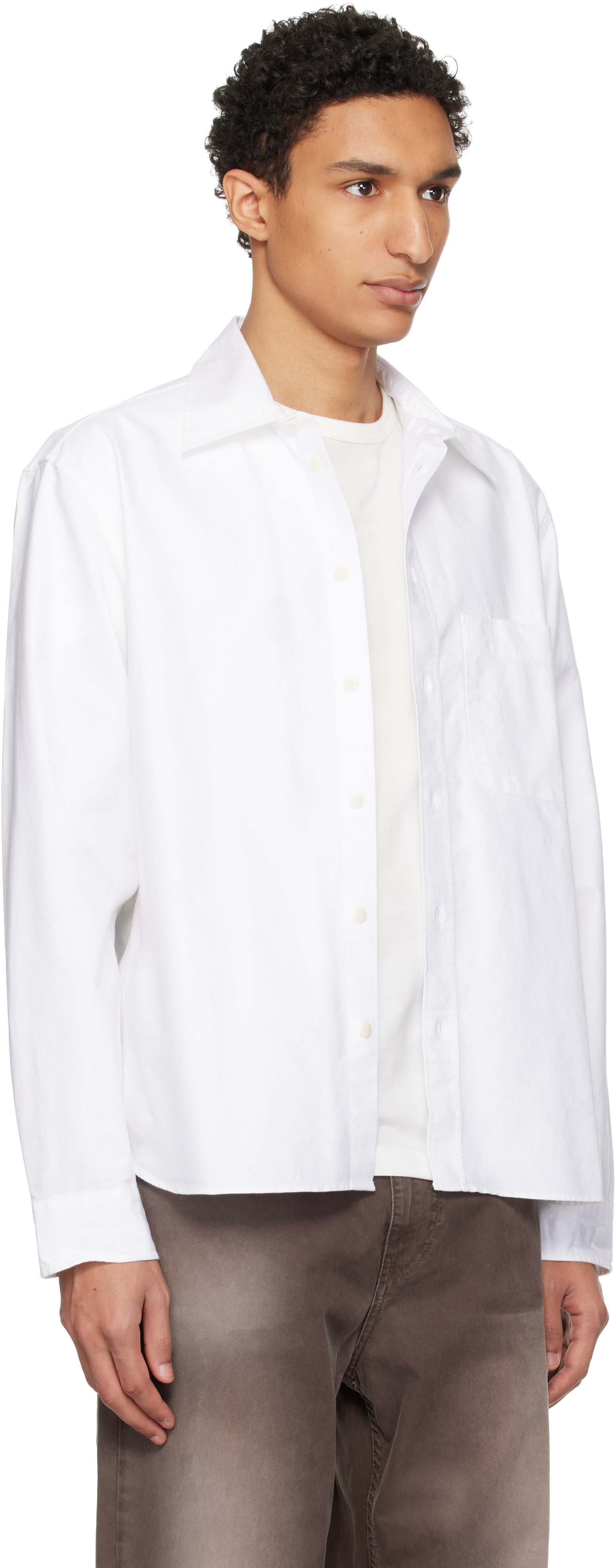 Merz b. Schwanen: White Modern-Cut Cotton Oxford Long Sleeve Shirt